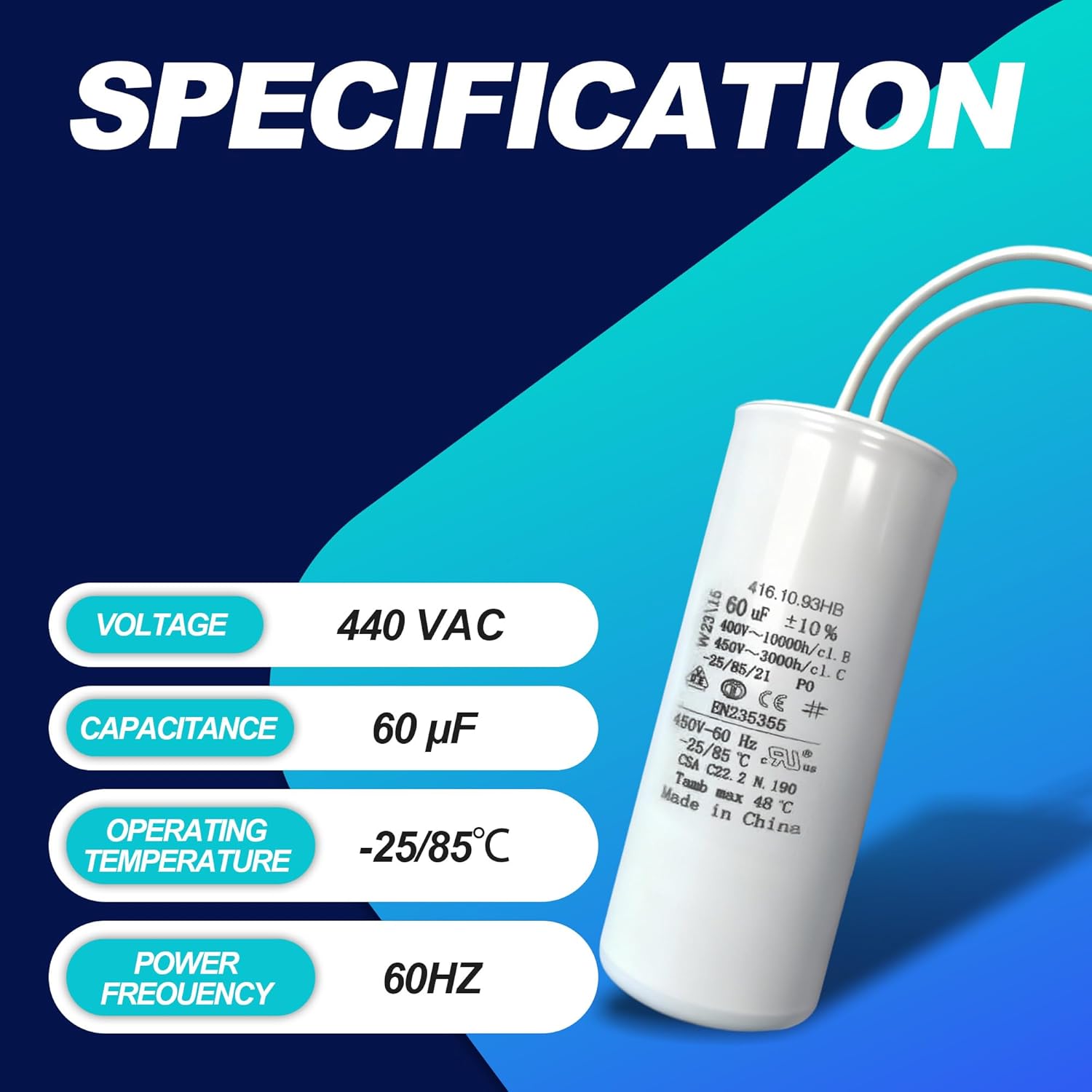 FA7147-5 FA7147 FA7175 Universal Motor Capacitor丨 60μF丨 Compatible with Global Hydraulics Auto Lift Power Unit and Rotary Lift Systems丨Durable Replacement Capacitor