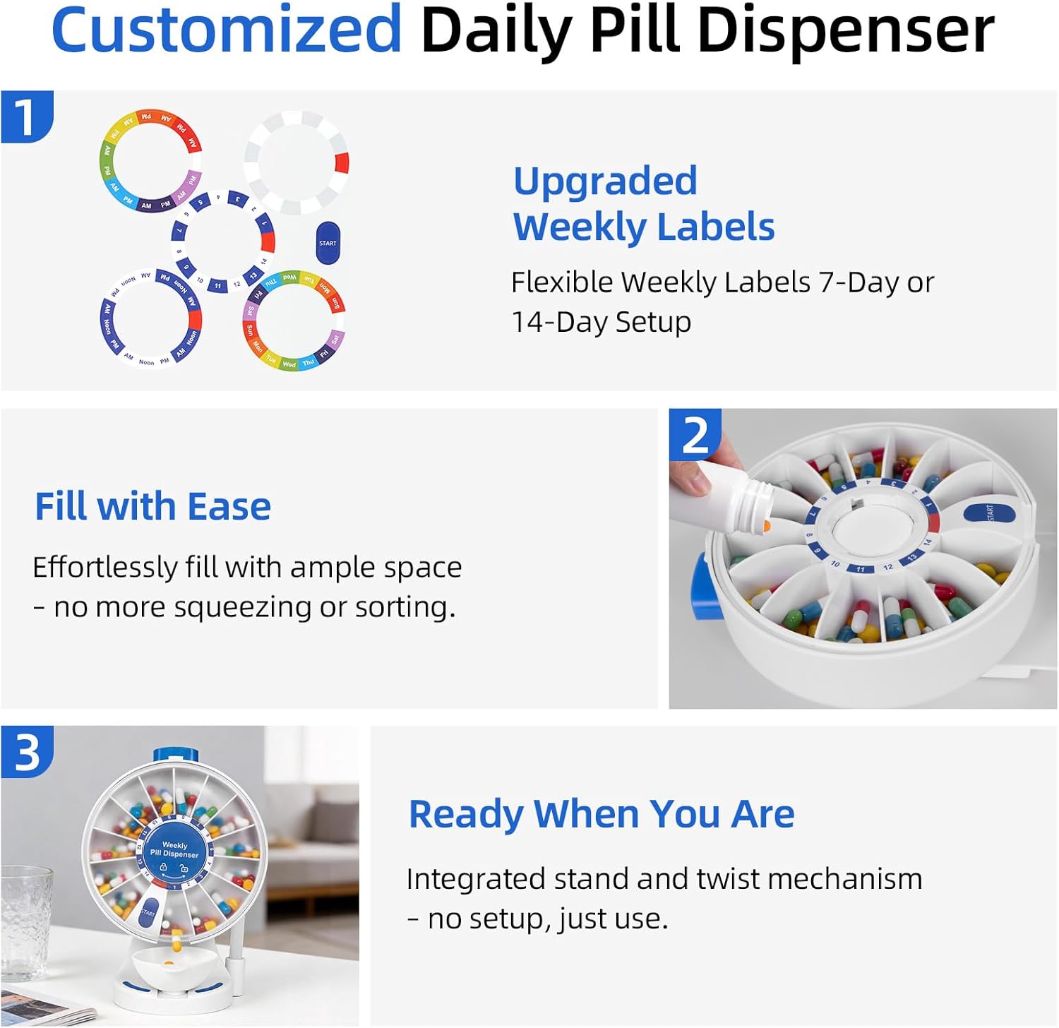 JULOS 14 Days Pill Organizer with Wall-Mounted or Standing Use for Elderly, Daily Large Pill Box with Easy Press Button, Pill Organizer for Medicine, Vitamin or Supplements, Blue