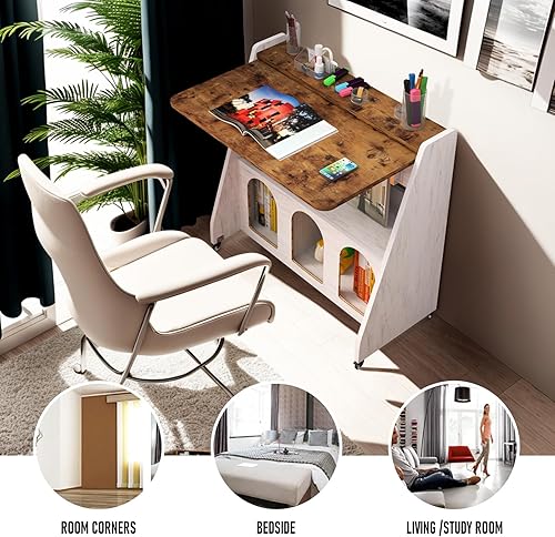 Miniatura 6 de Pmnianhua Escritorio móvil para laptop con ruedas, mesa portátil para laptop, estación de trabajo de escritura rodante con 4 ruedas y almacenamiento