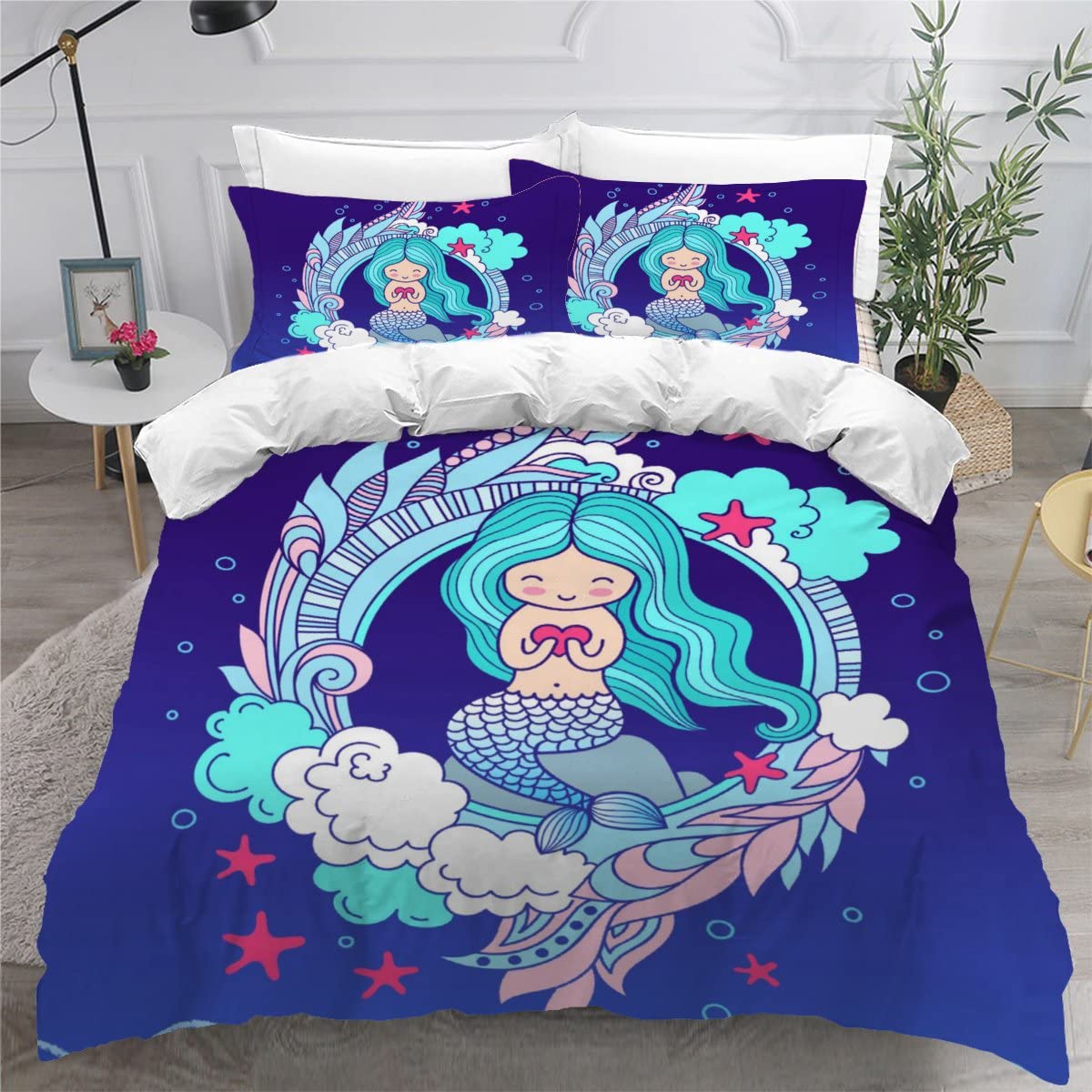 Parure de lit sirène 140x200 cm avec 2 taies d'oreiller pour lit enfant 1 personne