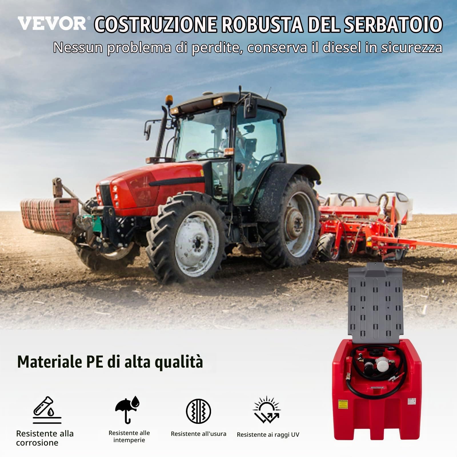 VEVOR Serbatoio per Diesel Portatile Capacità 220 Litri Portata 10,6 GPM, Serbatoio per Carburante con Pompa di Trasferimento Elettrica da 12 V Tubo in Gomma 3,9 m, Rosso