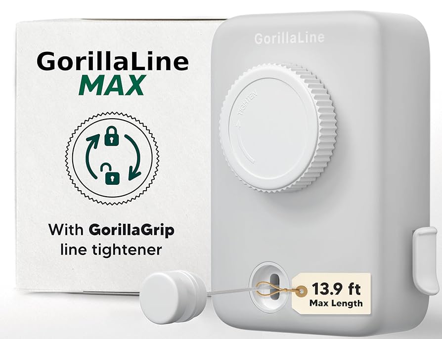GorillaLine Max - Retractable Clothesline Indoor Outdoor Clothes Line - Heavy Duty Clothes Drying Laundry Line - Wall Mounted Drying Rack - Air Dry Clothing - Max Tighten with GorillaGrip