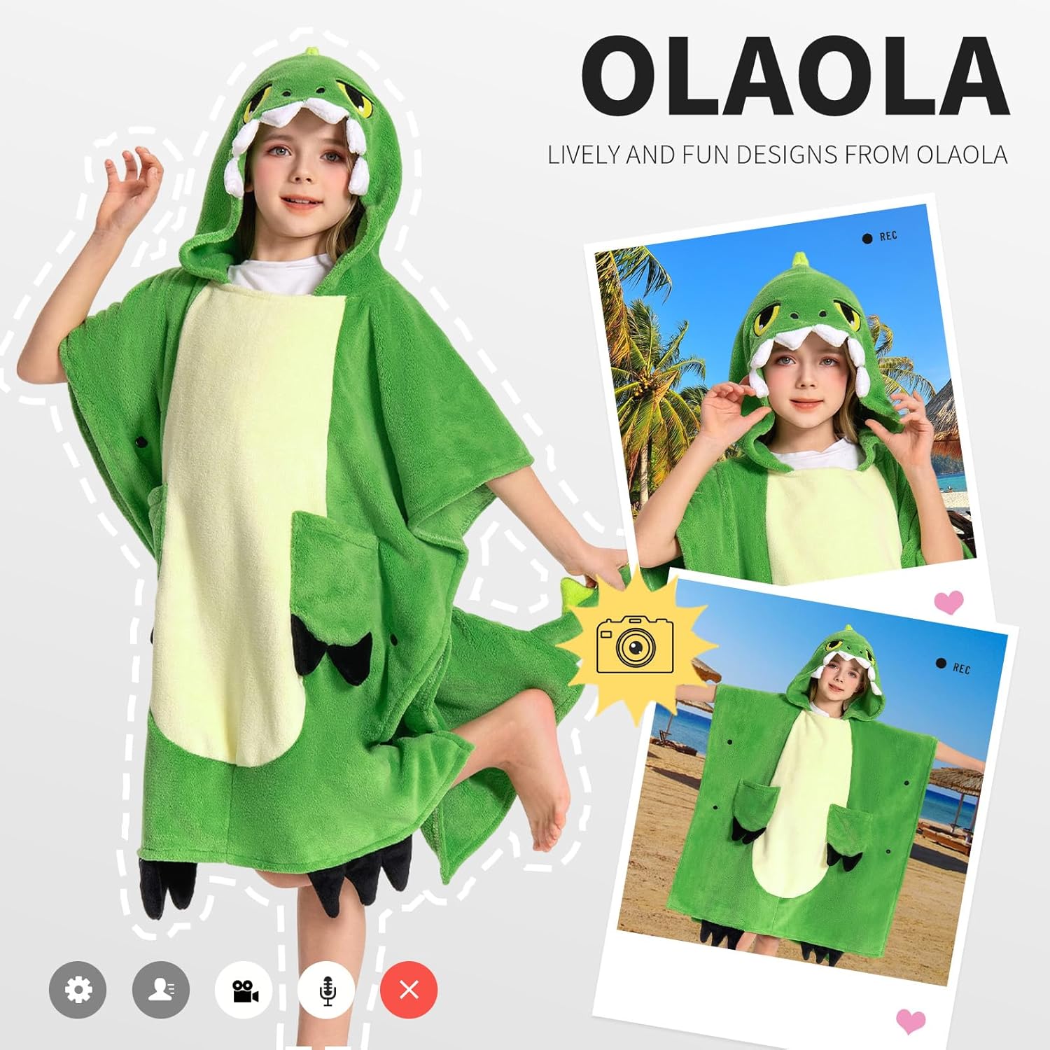 OLAOLA Dinosaur Hooded Kids Beach Towels for 3-12 Years Boys Girls, Soft Absorbent Kids Hooded Bath Towel Wrap, Toddler Pool Swim Towel with Hood