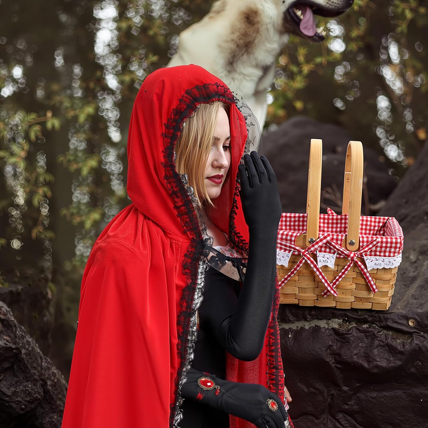 8 Pcs Red Riding Hood Cloak Costume Red Cloak Cape with Basket for Halloween Women Gothic Costume Dress up