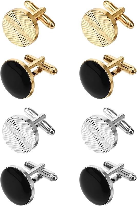 4 Pairs Cufflinks for Men Classic Tone Cuff Links Fashion Men Cufflinks Gold/Sliver Striped Disc Square Rectangle Cuff Links for Business Wedding Party Gift Box