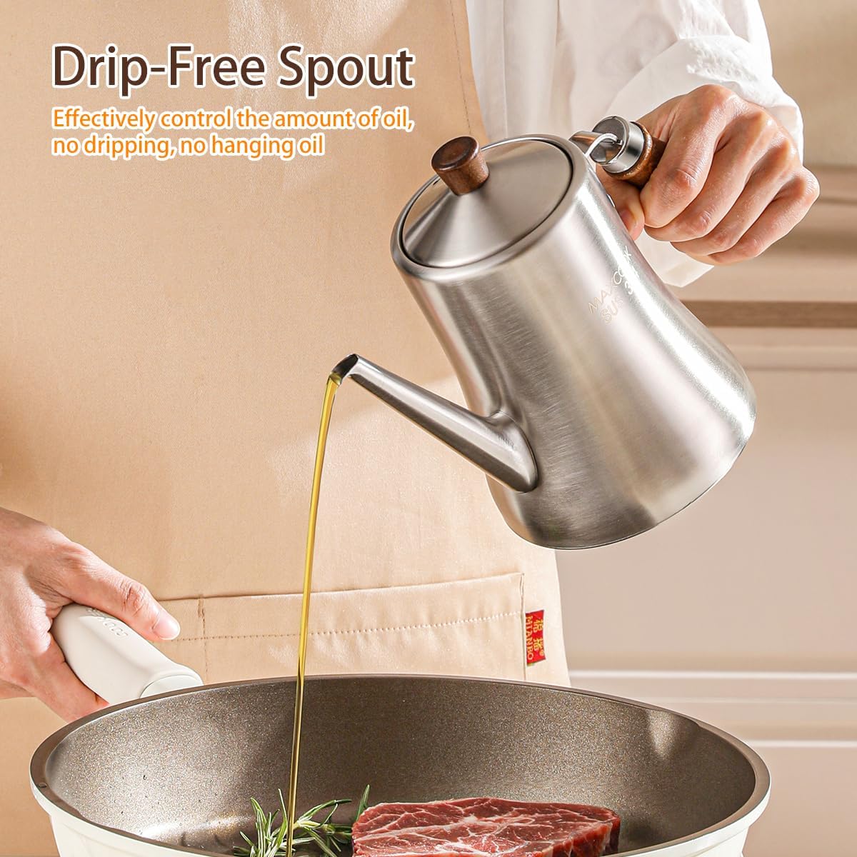 18/8 Stainless Steel Olive Oil Dispenser 1200ml/40.5oz Drip-Free Pouring Oil Pot Storage Container Wooden Handle