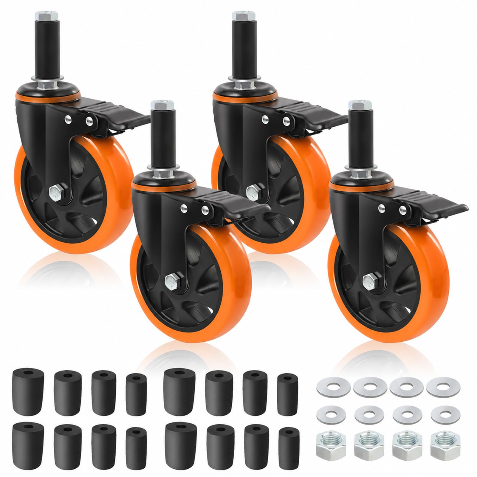 125mm Dilatabile Perno ruote per carrelli set da 4 con Freno Arancione, per carichi pesanti 700KG Totale capacità di carico, Si adatta 23mm/28mm/34mm/40mm Tuba Gamba, ideale per Prep Tables, Carrell