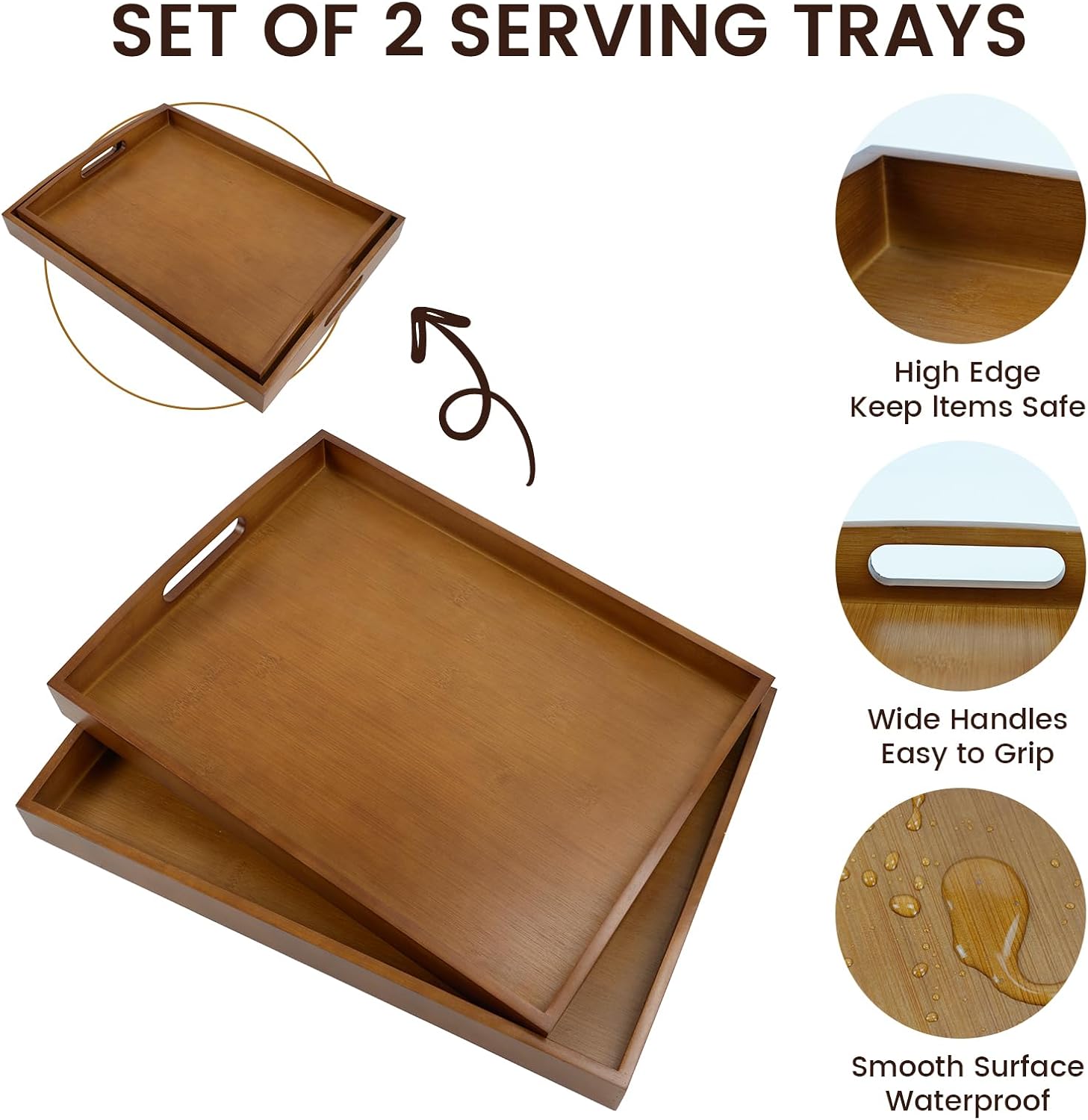 GOLD HONEY Bamboo Serving Tray with Handles Set of 2 - Decorative Wood Serving Tray for Eating, Storing, Used in Living Room, Bathroom, Bedroom, Kitchen, Coffee Table, and Outdoor - Acacia Wood Color