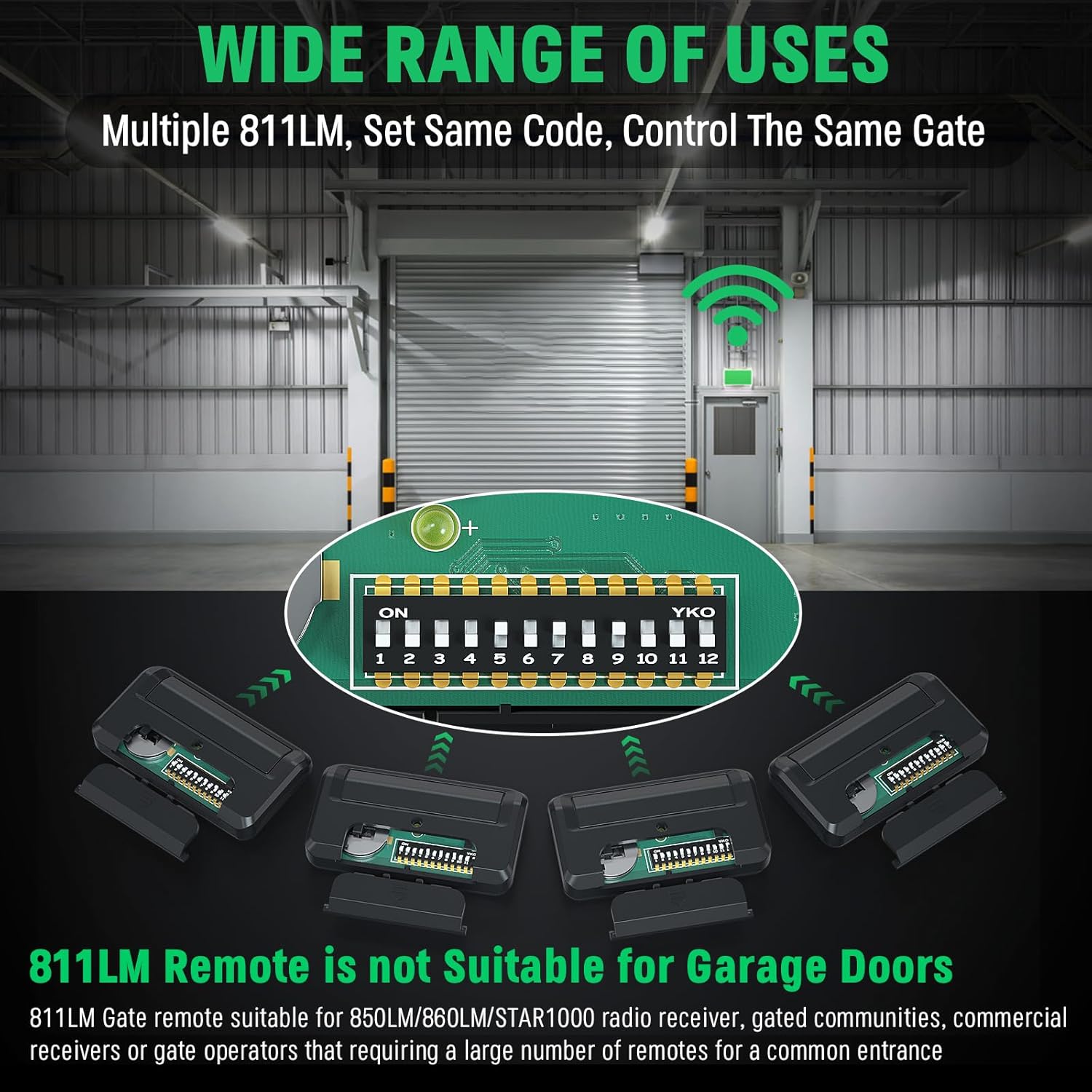 811LMX / 811LMX MC / 811LM Gate Remote Replacement for Liftmaster Gate Opener Remote with Security+ 2.0, for Liftmaster 850LM 860LM STAR1000 Receiver, 1-Button Remote Control, 12 DIP Switch, 4 Pack