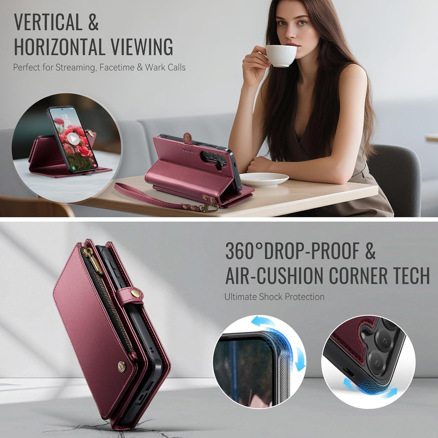 Defencase for Galaxy S24 FE Magnetic Wallet Case Compatible with Magsafe RFID Blocking Zipper Card Holder for Women Men PU Leather Strap Detachable Case for Samsung Galaxy S24 FE 5G 6.7", Wine Red