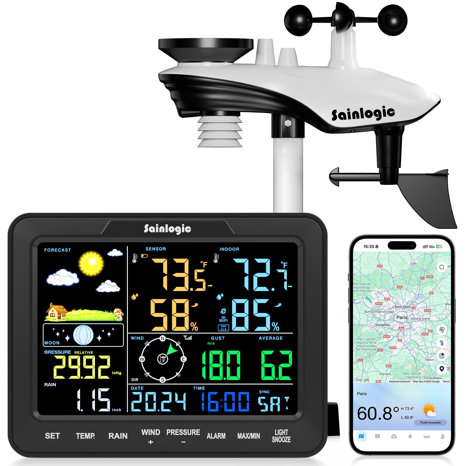 Sainlogic Station Météorologique Intelligente WiFi Sans Fil avec IA Weatherseed® Alerte App Courriel Anémomètre Pluviomètre Stockage 2 Ans