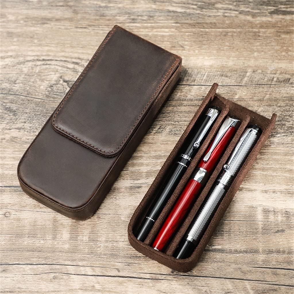 Handmade Magnetic Suction Drawer Student Pen Storage Box with Three Leather Bags