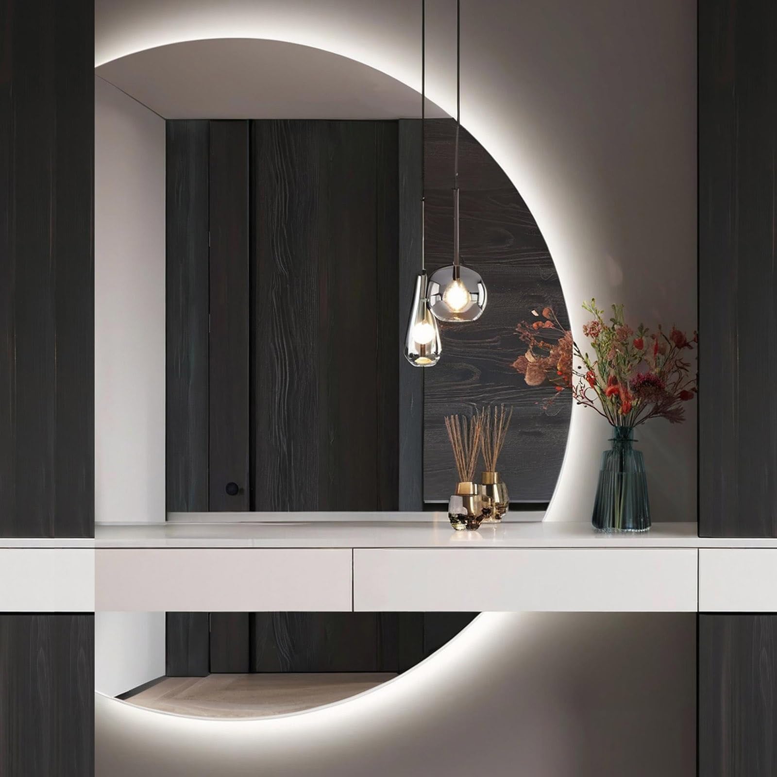 SXFSDOU Smart Bathroom Mirror 51" Half Moon LED Dimmable Full Length 47" Anti-Fog Frameless Backlit for Home Decor with Touch Switch(Left Cut,90x60cm/35x24in)