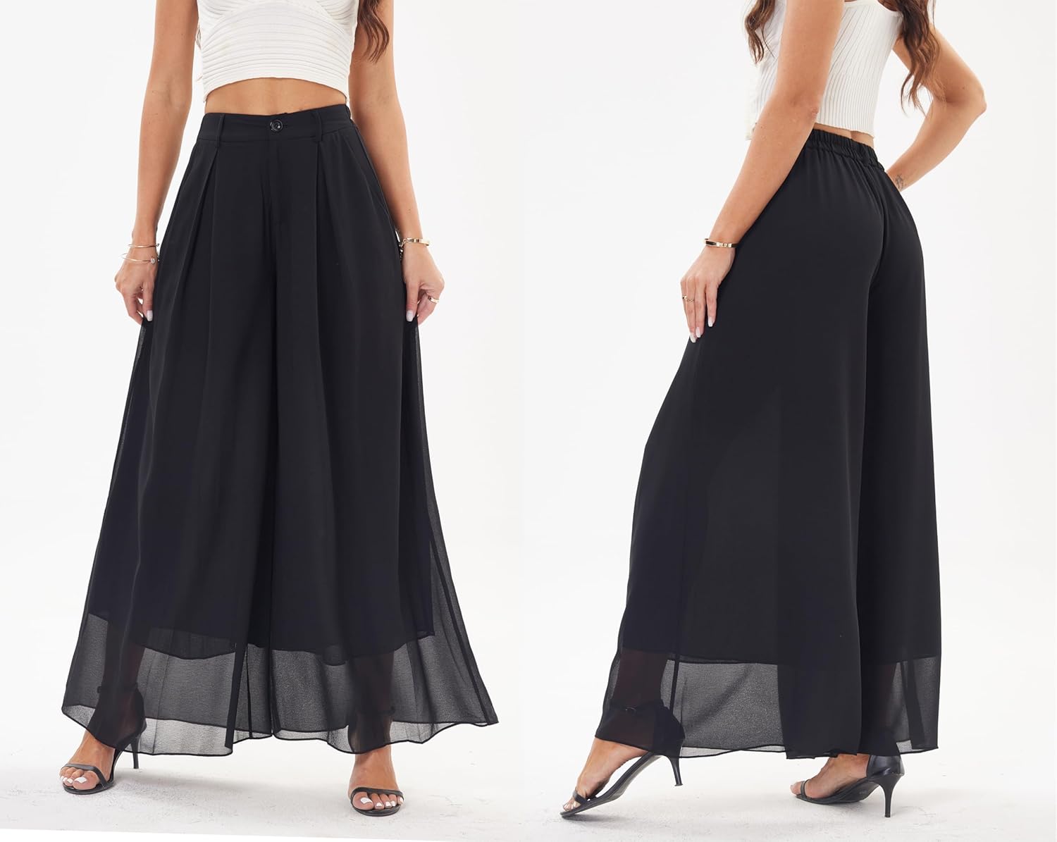 heipeiwa Women's Chiffon Wide Leg Palazzo Pants Flowy Casual Beach Party Dress Long Pants Trouser - Image 5