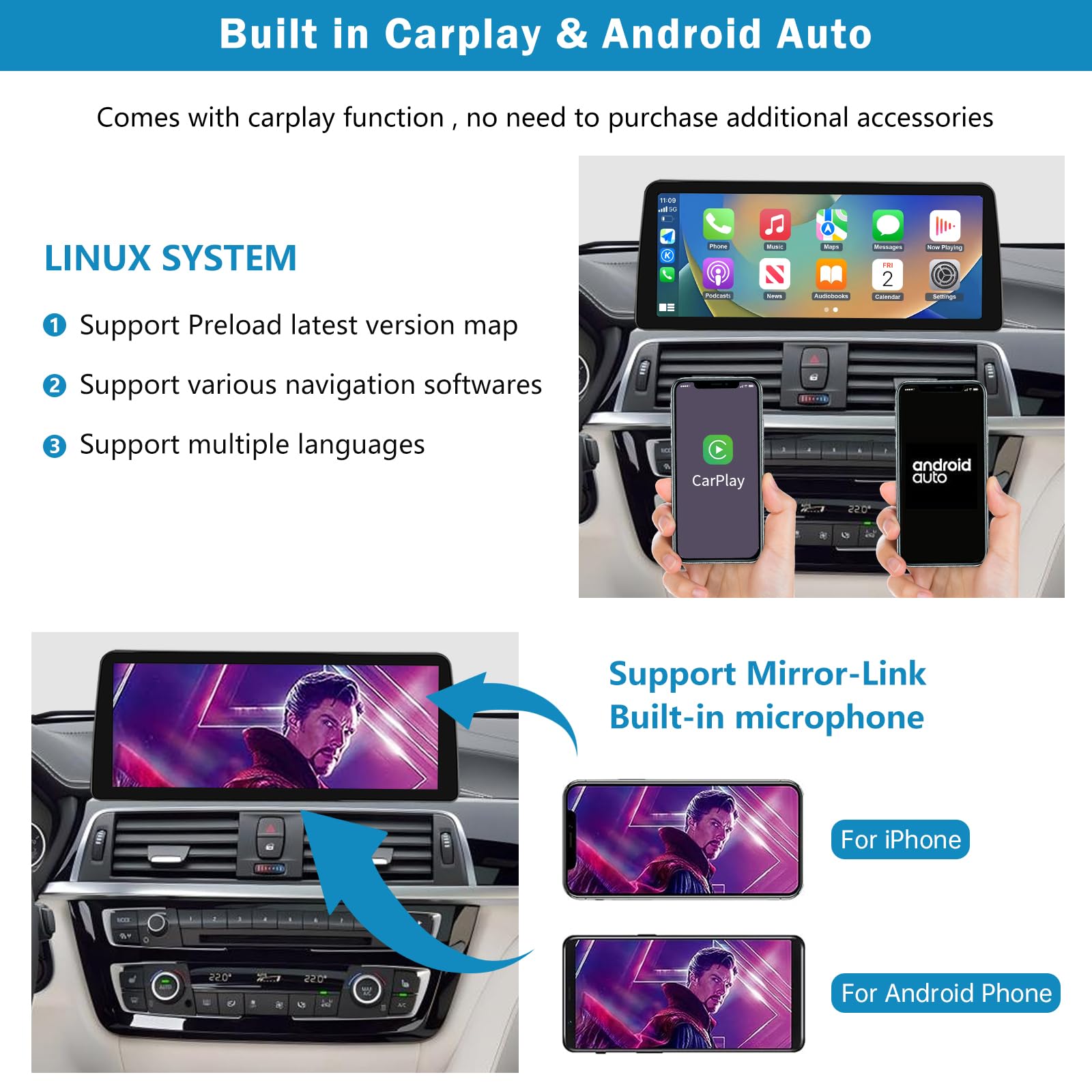 Radio samochodowe 10,25'' ekran dotykowy z Carplay i Android Auto dla BMW serii 3/4 F30 F31 F32 F33 F34 F35 F36 F80 z lat 2013-2016 z systemem NBT, obsługuje Mirrorlink, kamerę, nawigację