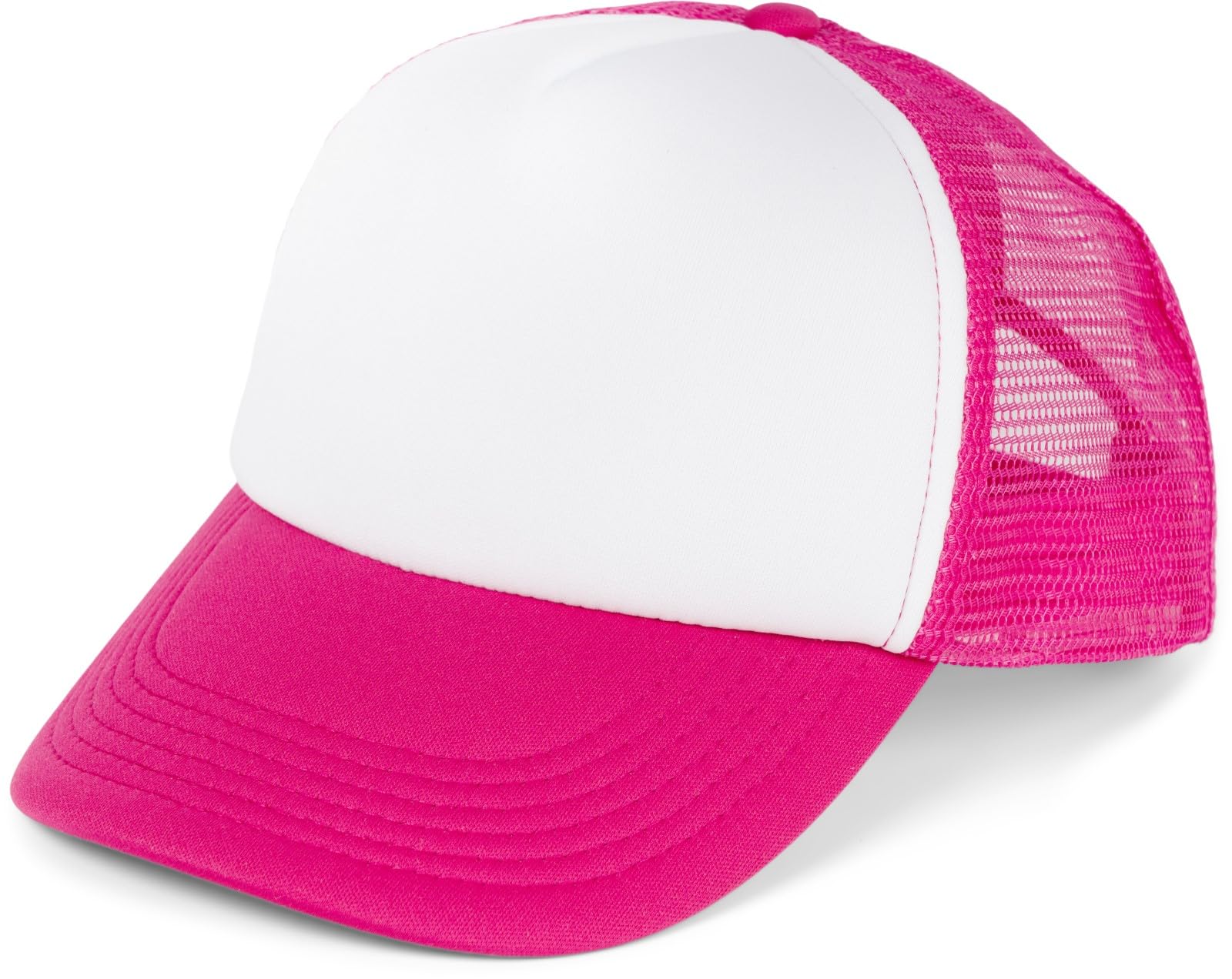 Stylebreaker Unisex White-Raspberry 5-Panel Mesh Cap, Trucker Baseball Cap, Adjustable Click And Snap Closure, Cap 04023007, Colour: