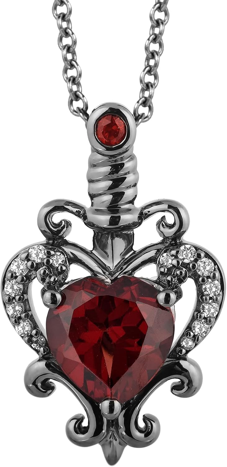 Jewelili Enchanted Disney Fine Jewelry Evil Queen Dagger Pendant Necklace for Women | Black Rhodium over Sterling Silver | Red Garnet & 1/15 CTTW Diamond Accent | 18" Cable Chain | With Gift Box