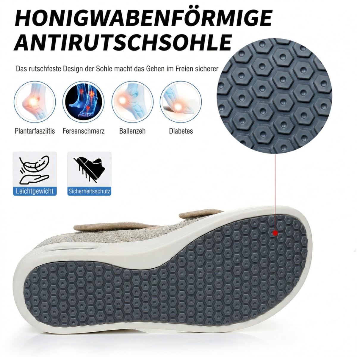 VibeCraft Diabetessandalen für Damen und Herren mit Klettverschluss, Druckentlastend und atmungsaktiv, Ideale Sandalen für geschwollene Füße und den täglichen Gebrauch