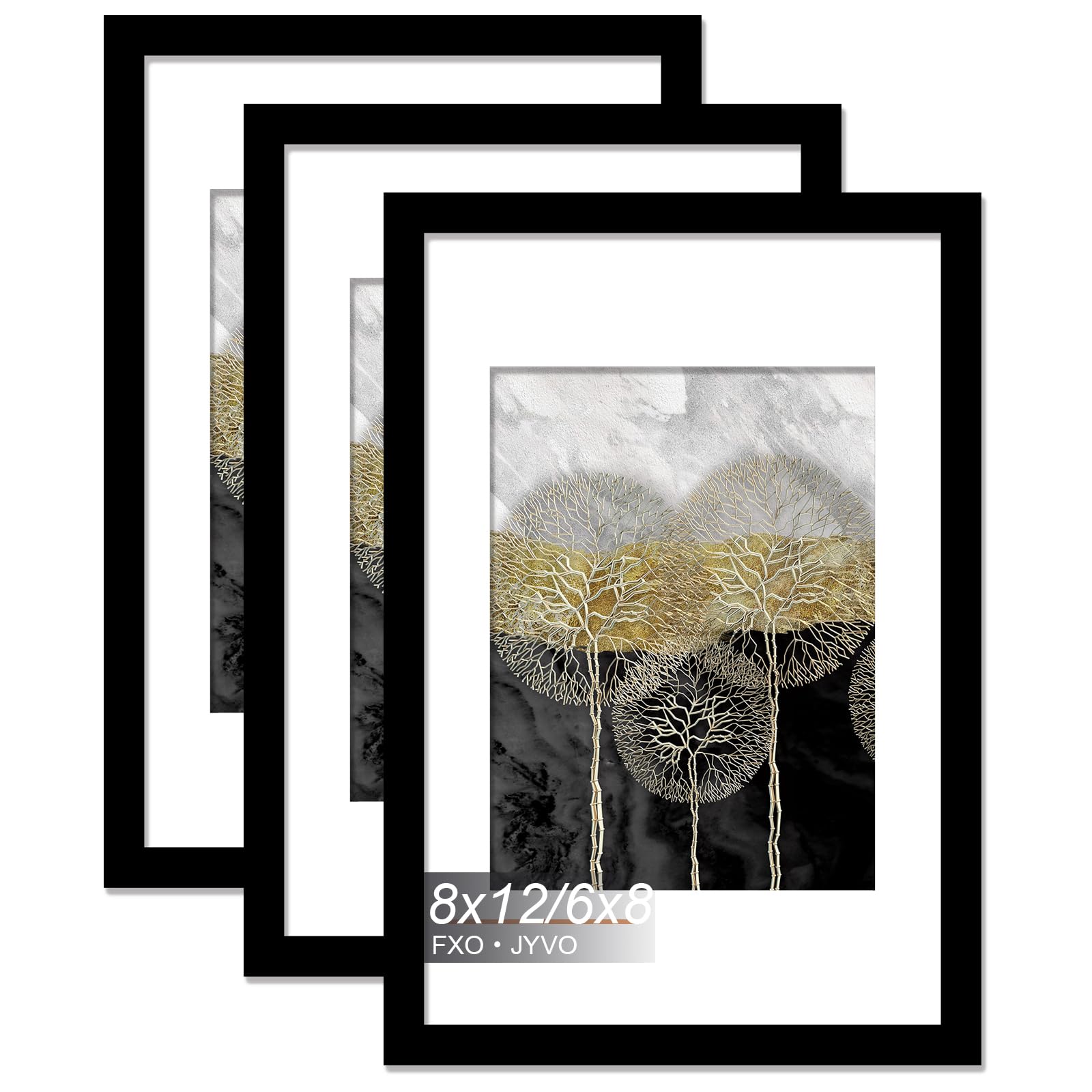 Fxojyvo 8x12 Picture Frame Set of 3, Display Poster 6x8 with Mat or 8 x 12 Without Mat, Light Weight and High Transparent 8 by 12 Frame for Wall - 3 Pack/Black/8"x12"