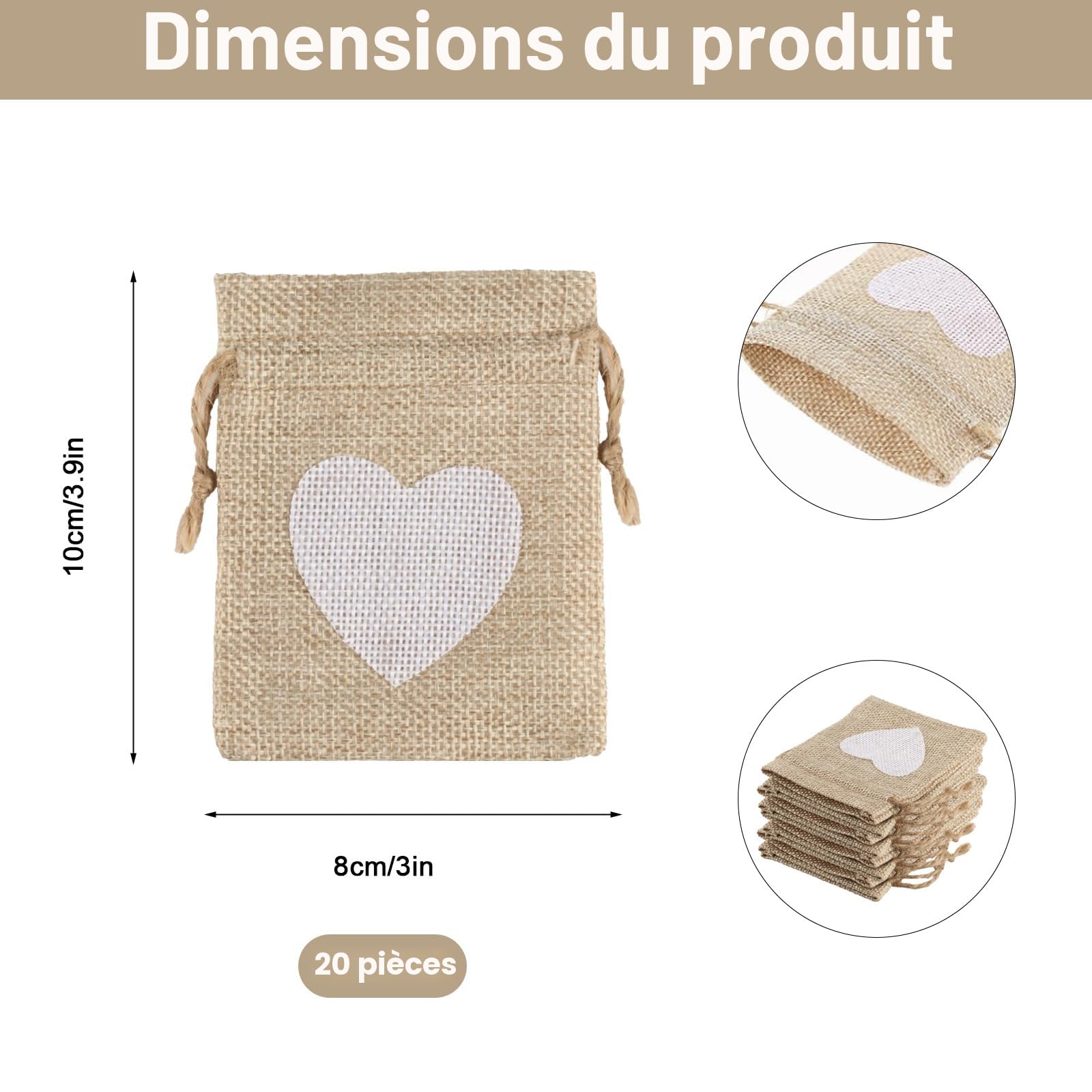 Sacs en Lin 10 x 8 cm, Petits Pochon Tissu, Sachets en Jute, Sac Jute Dragees, Sacs Cadeaux pour Bijoux Anniversaire Mariage Fête
