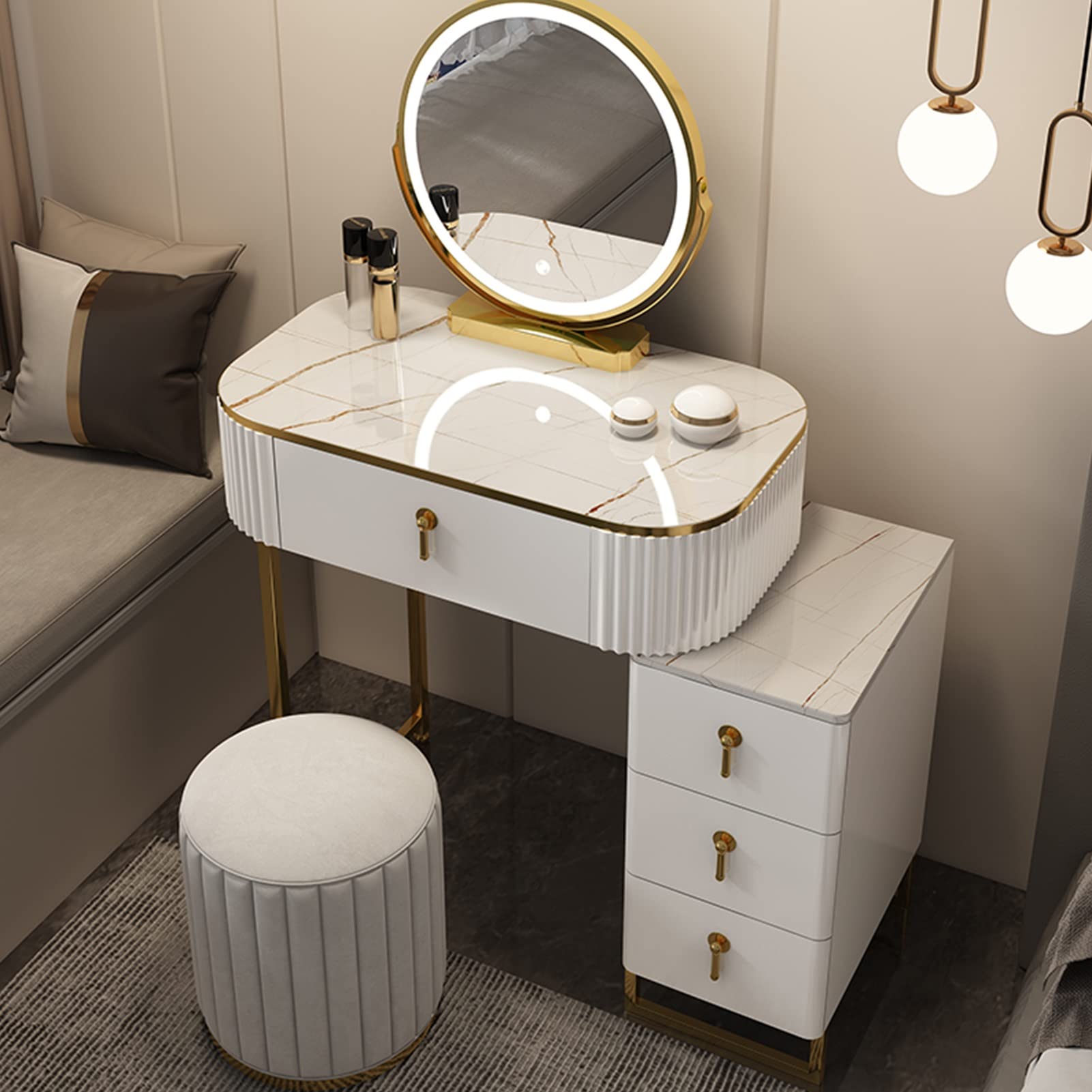 asdchZen Adjustable Led Makeup Vanity Table With Cushioned Stool & Drawers-Stylish Dressing Table For Bedroom Decor, White, 60Cm / 23.6In-Perfect Cosmetic Storage Solution,White B-50cm/19.6in