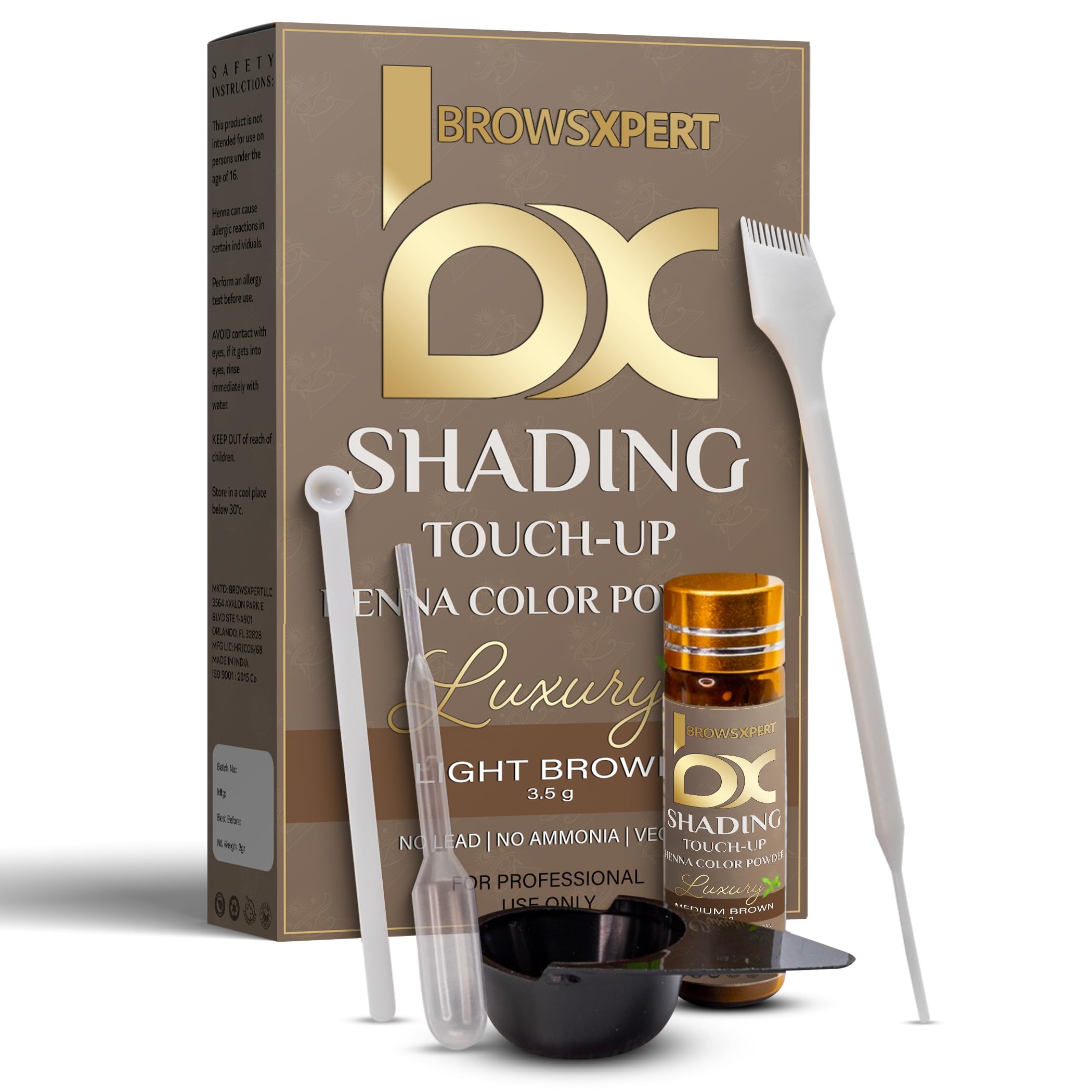 BROWSXPERT Professional Shading Touch-Up Kit — Herbal Henna Color Powder with Mixing Dish, Stir & Brush + Follow Instructions | 3.5g | Light Brown