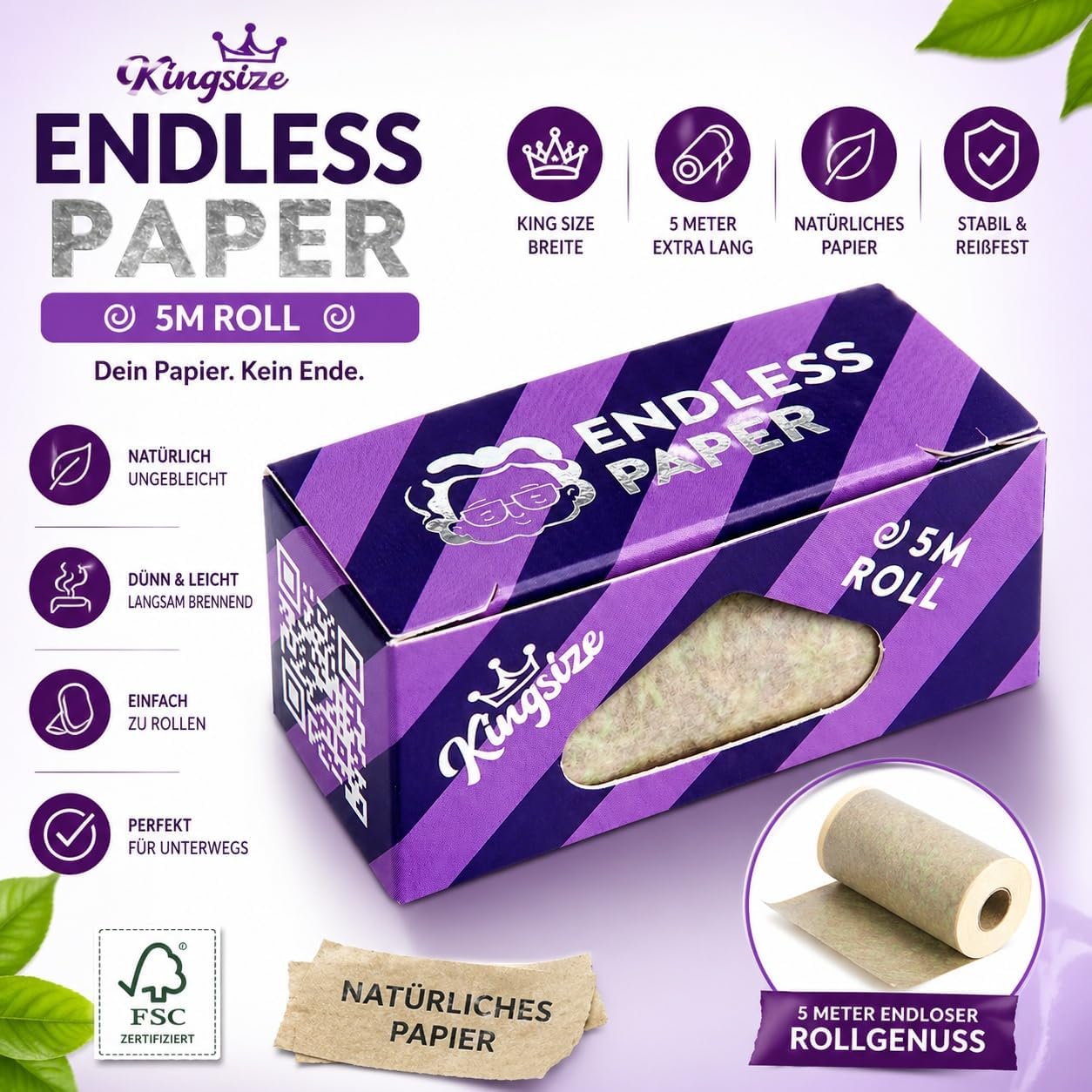Granny's® Endless Papers aus Zellstoff (Holz) | 24er Box | 45 mm Breite | 24x 5 Meter Endlospapier | 120 Meter gesamt | Grannys Papers | In Granny We Trust