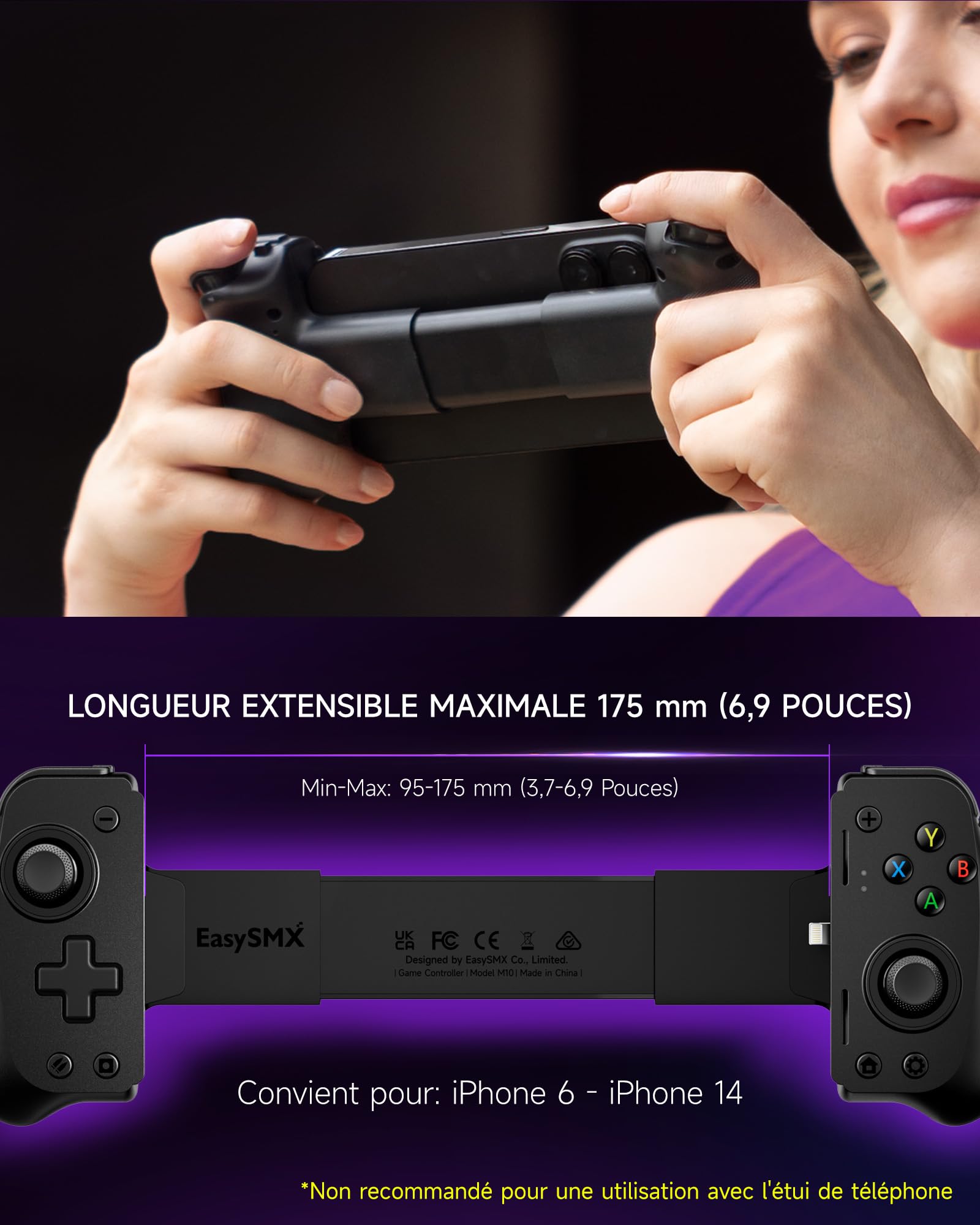 EasySMX M10 Manettes de Jeu pour Téléphone Portable iPhone IOS, Manette Smartphone, Manette Téléphone avec Joysticks/Déclencheur à Effet Hall