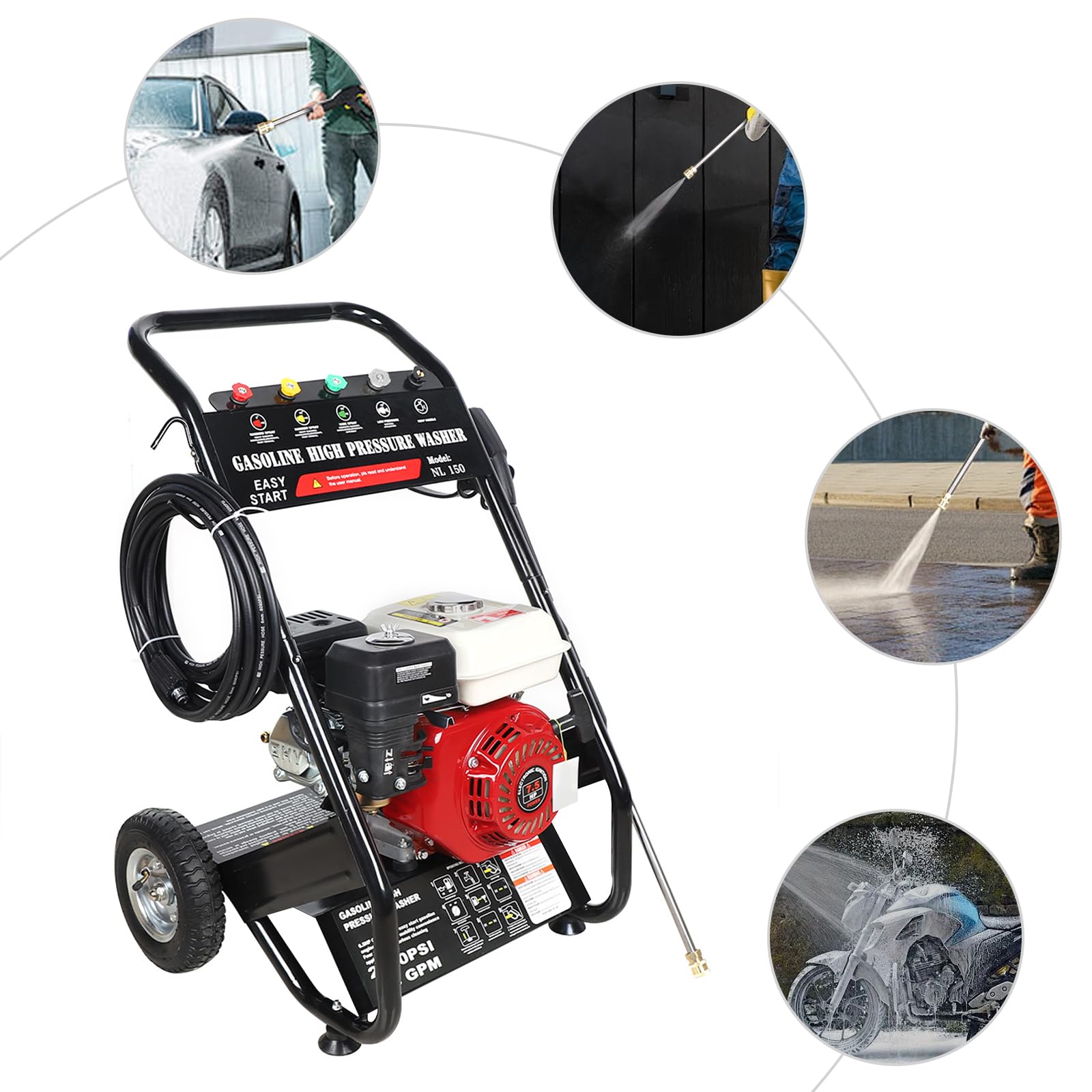 Limpiador profesional de alta presión de 7,5 CV, 4900 W, 190 bar, 4 tiempos, gasolina, autocebante, máquina de limpieza, vapor, con 5 boquillas, pistola pulverizadora, manguera para suelos, vehículos