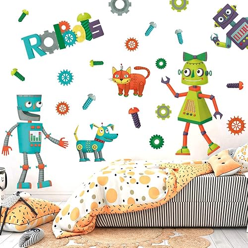 Miniatura 4 de Pegatina de pared de robot de juguete para niños calcomanía de robot de dibujos animados desmontable para decoración de pared verde