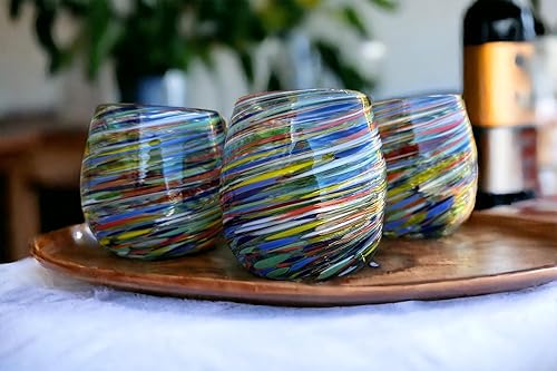 Copas de vino sin tallo de confeti soplado a mano con diseño de remolino colorido (juego de 2) - Hecho en México