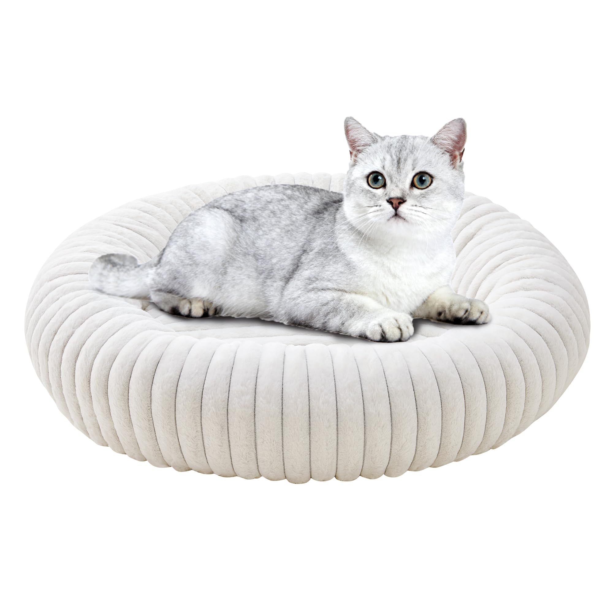 Oveppy Donut Small Dog Bed, Roud Cute Cat Beds for Small Dogs with Corduroy Fleece, Faux Fur Pet Beds with Washable Removable Cover, Cream, 23x23x7 inches