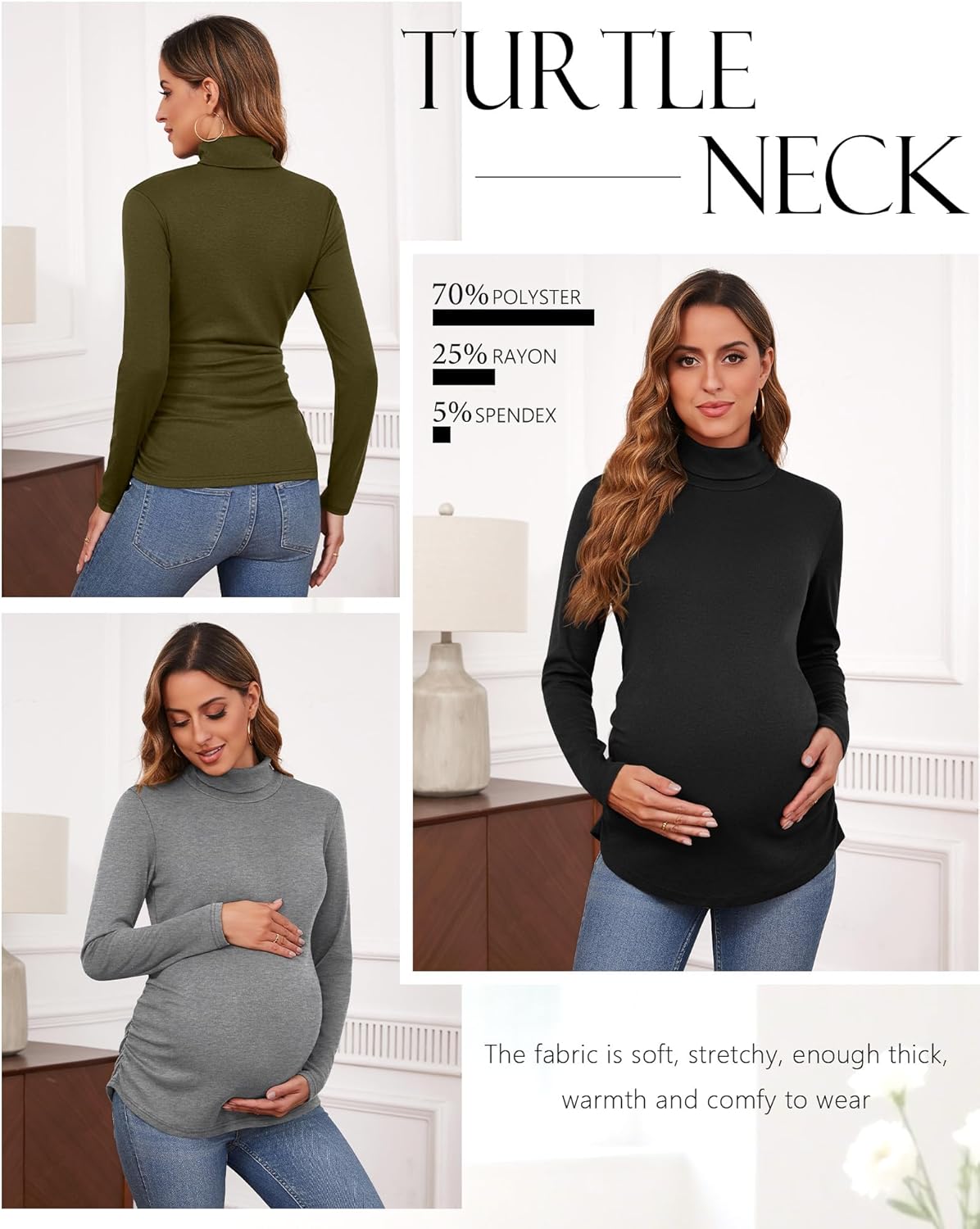 Ficerd 3 Pack Women's Maternity Shirts, Turtleneck Long Sleeve Pregnancy Tops Casual Side Ruched Maternity Tees Mama Clothes - Image 4
