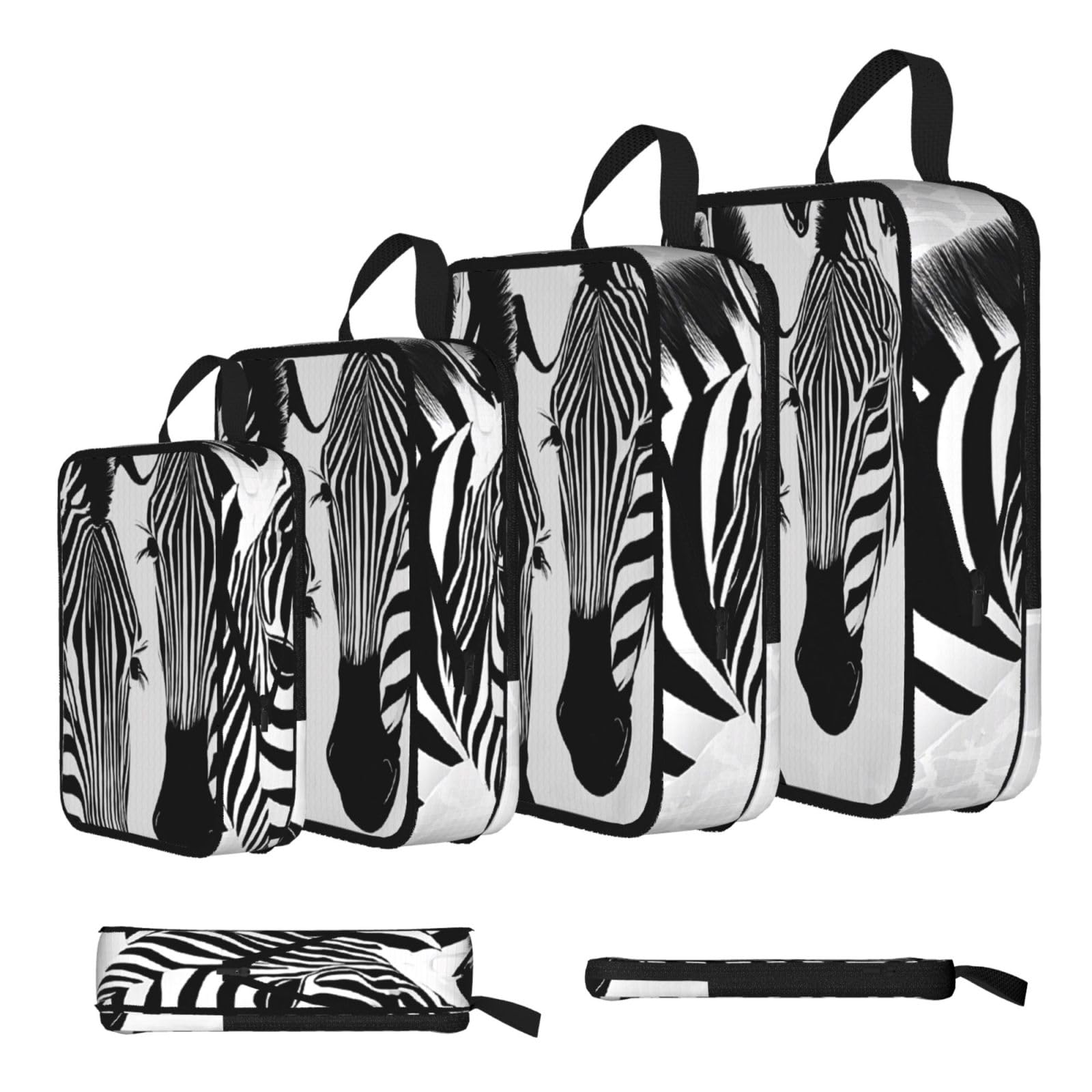 Ezdlowvba Black Abstract Animal Zebra Print Compression Packing Cubes 4-Piece Set With Multi- Compartment Travel Bag, Waterproof Suitcase Organiser Bags