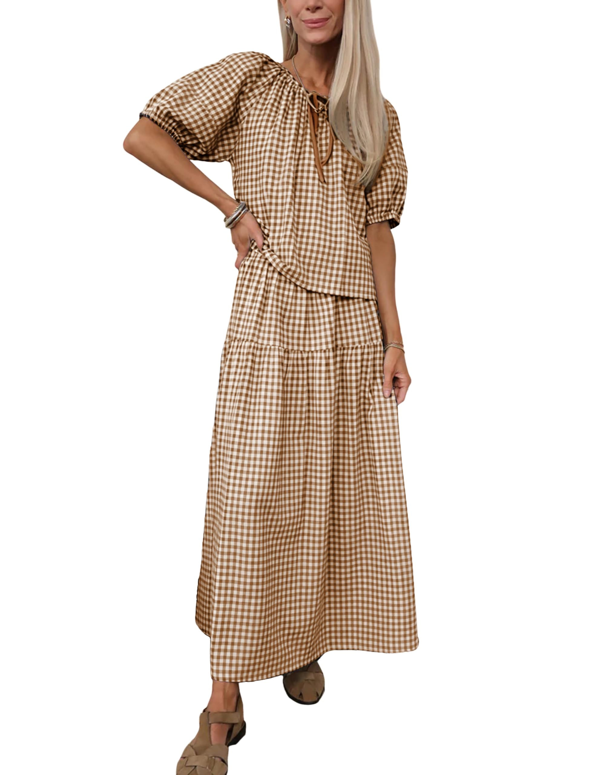 Qiaomai Womens 2 Piece Gingham Sets Puff Sleeve Plaid Top Tiered Maxi Skirt Matching Outfit Casual Summer Boho Loungewear