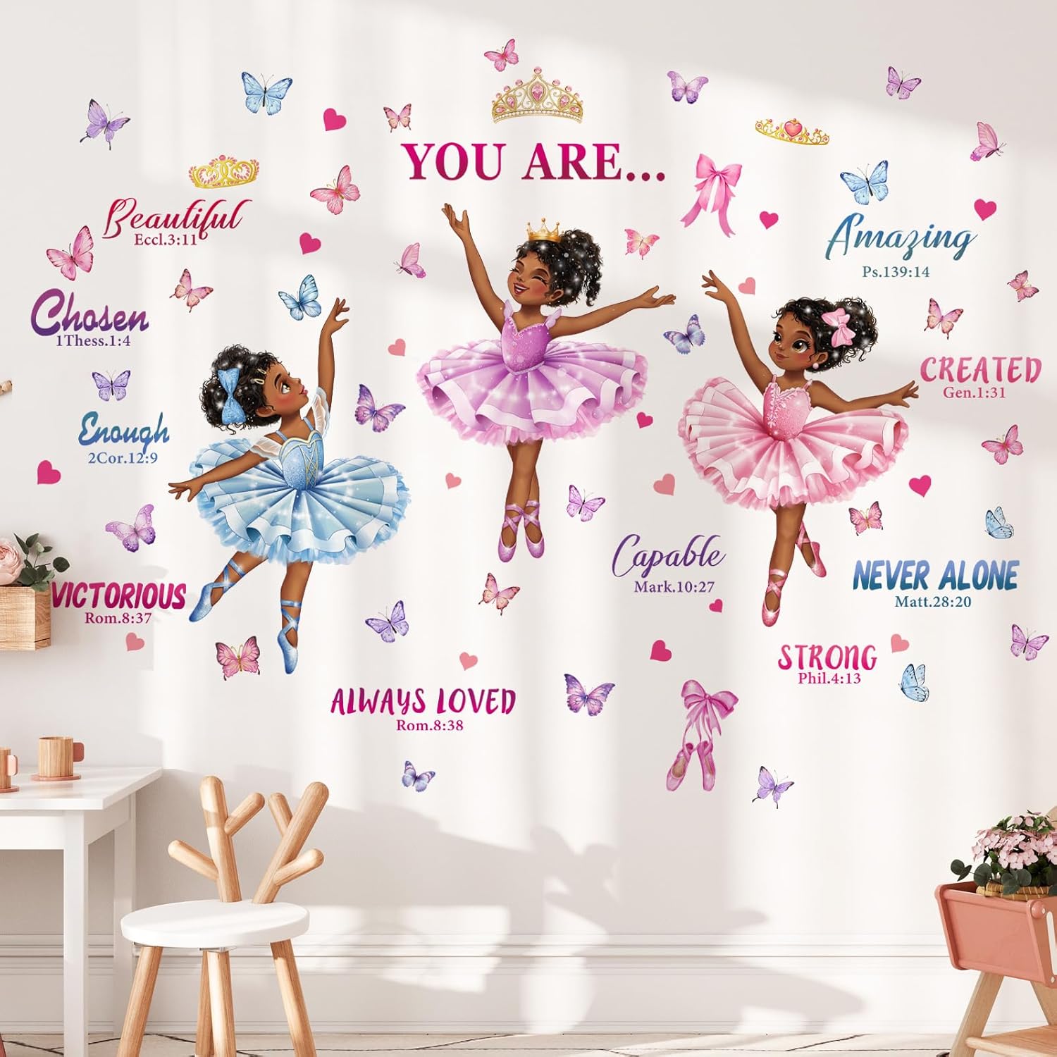 Black Girl Wall Decor Ballerina Stickers Butterflies Princess Wall Decals Inspirational Quotes African American Wall Stickers for Girls Bedroom Nursery