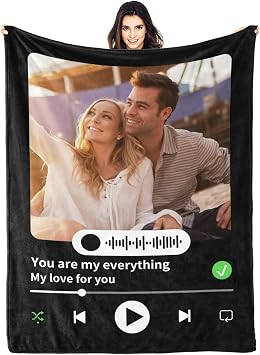 Personalized Music Blanket, Valentines Day Gifts for Him Her, Custom Love Blanket with Picture Text for Couple Boyfriend Girlfriend Wife Husband