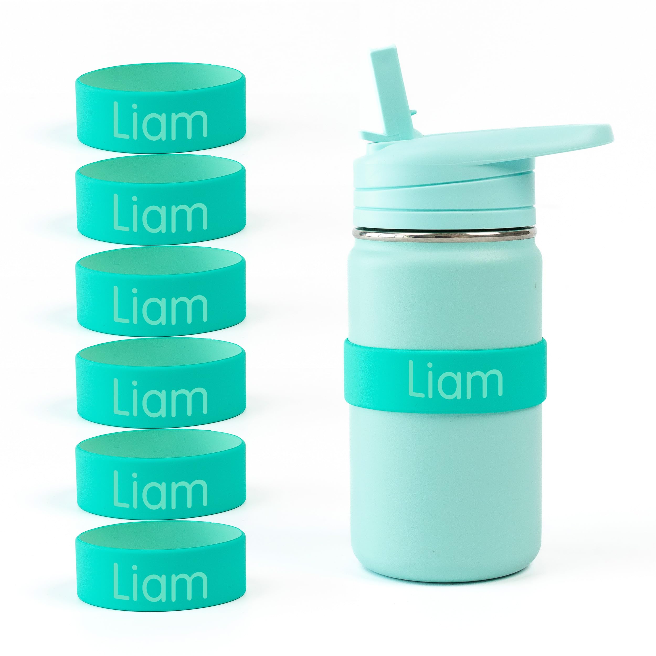 Mabel’s Labels Personalized Two-Tone Engraved Silicone Name Bands – Reusable Dishwasher-Safe Name Bands for Water Bottles, Sippy Cups & Drinkware (