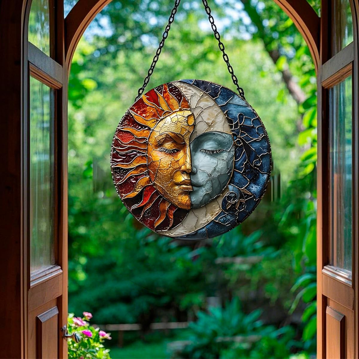 Sun and Moon Stained Glass Sun Catcher - 7.8'' Hand-Painted Window Hanging for Indoor/Outdoor Decor, Suncatcher Glass Panel Wall Art Decor for Women, Celestial Lovers (Colour-3)