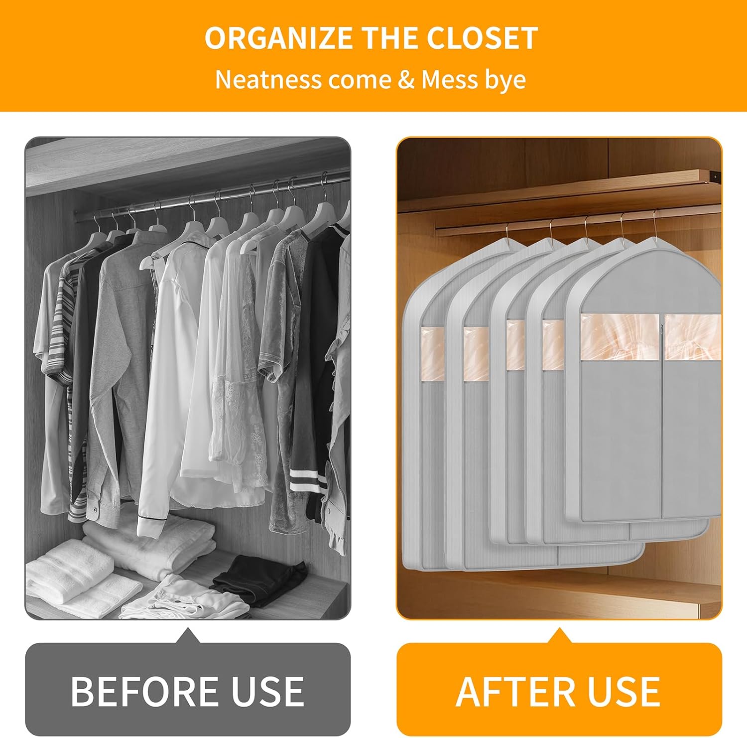 3” Gusseted Garment Bags for Hanging Clothes, Breathable Closet Storage for Shirts, Coats, Dresses (32” H, 2 Pack)