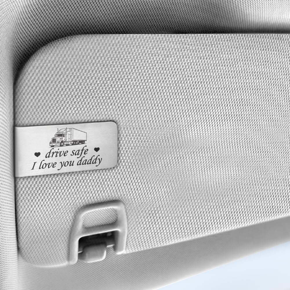 Drive Safe I Love You Daddy Engraved Stainless Steel Car Visor Clip, Drive Safe Car Visor Accessories for Men, Father's Day Birthday Gifts for Truck Drivers, New Driver Gifts for Dad Grandpa