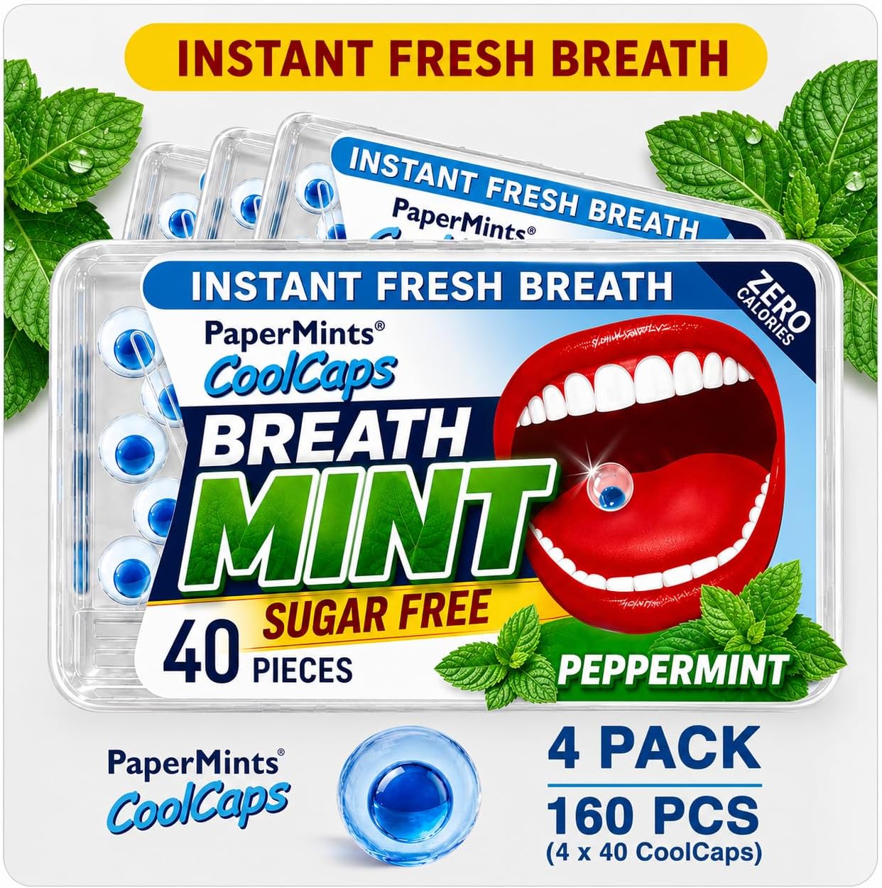 CoolCaps - Instant Fresh Breath Mints Sugar-Free 4 Pack - 160 capsules. Extreme Bad Breath Treatment for Adults, Breath Freshener Pearls for Halitosis Treatment Keto-Friendly Peppermint