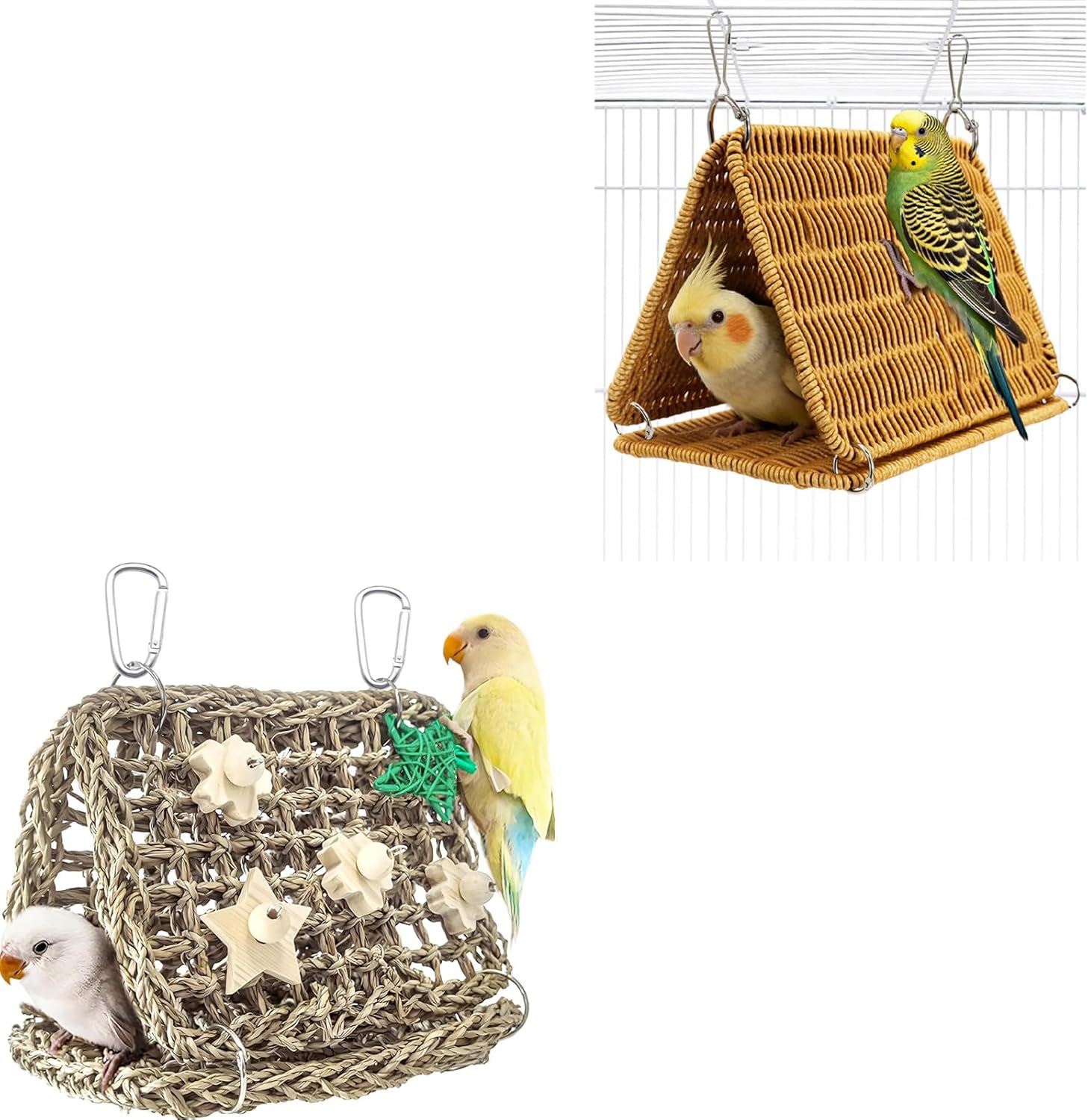 Chewproof Steel Frame & Seagrass Bird Nest Hammock for Small Medium Parrots with Ladder & Toys