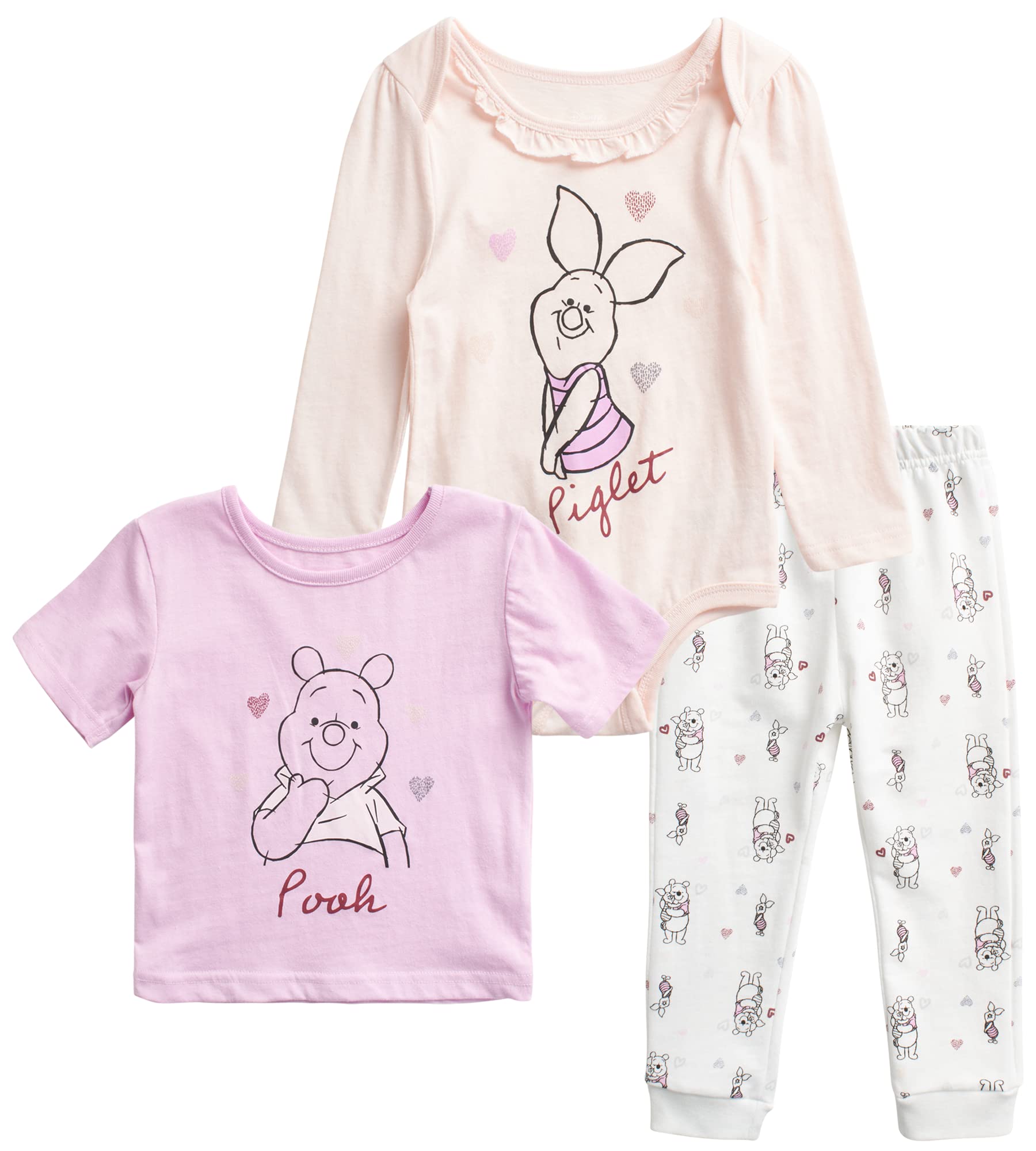 Disney Baby-Set für Mädchen, 3-teilig, Minnie Maus, Bambi, Winnie Puuh Bodysuit, T-Shirt und Sporthose (0-24 Monate)