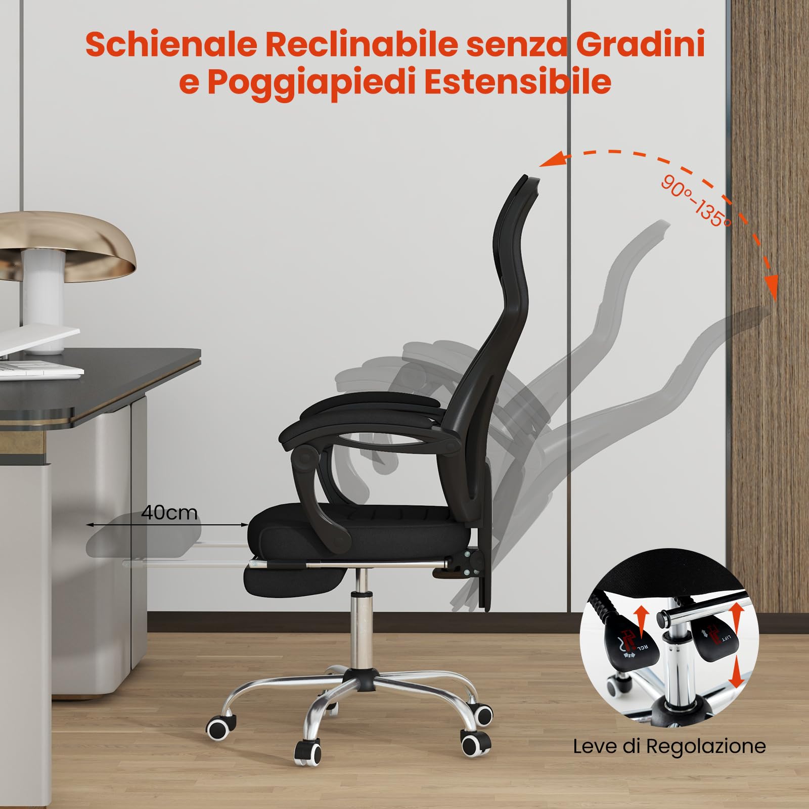 GYMAX Sedia da Scrivania per Computer, Sedia da Ufficio Ergonomica in Mesh Regolabile in Altezza con Schiena Inclinabile, Braccioli, Testiera, Sedia Girante Reclinabile per Sala Riunioni, Nera