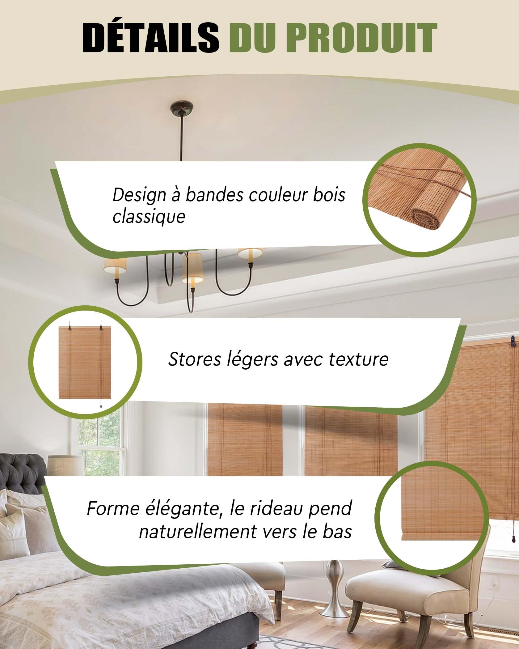 FoundGo Stores en bambou sans perçage - 100 x 120 cm (l x H) - Stores en bois rétro - Stores romains en bambou enroulables - Stores filtrant la lumière pour fenêtres d'intérieur