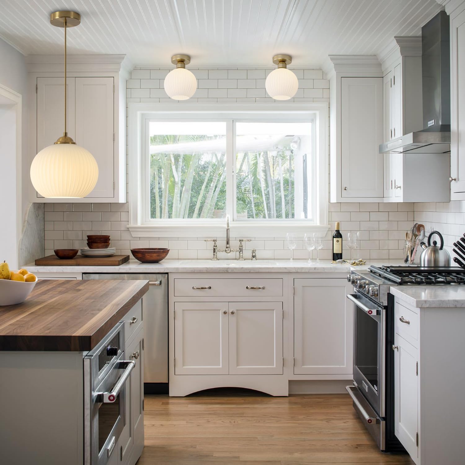 KCO Lighting Mid Century 1-Light Globe Pendant Light Industrial Vintage Brass Gold Pendant Lighting Fixture Kitchen Island Adjustable White Glass Hanging Ceiling Lights