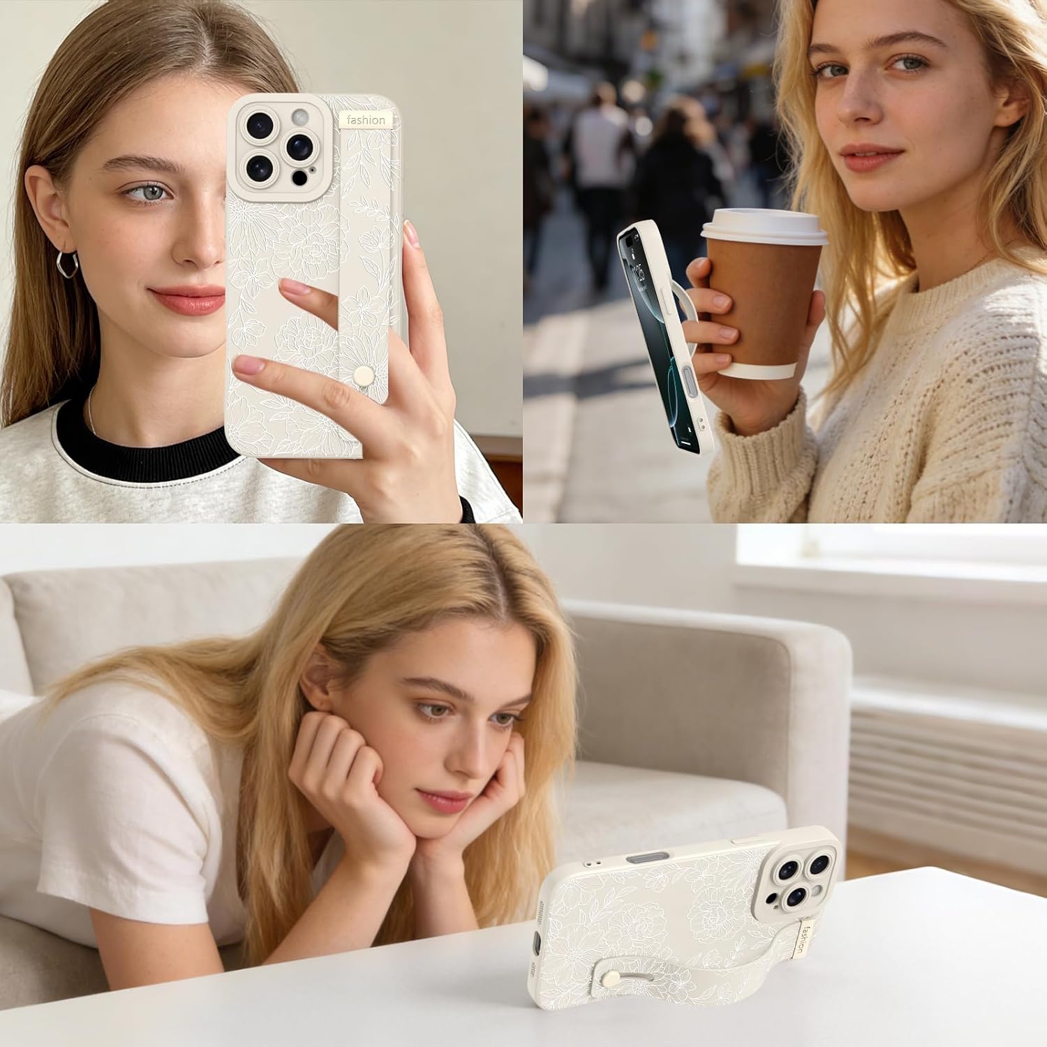for iPhone 16 Pro Max 6.9’’ 2024 Phone case, Cute Line Peony Rose Floral Pattern Case, with Built in Adjustable Metal Wristband Grip Bracket, Soft TPU Bumper for Women Girls Case (White)