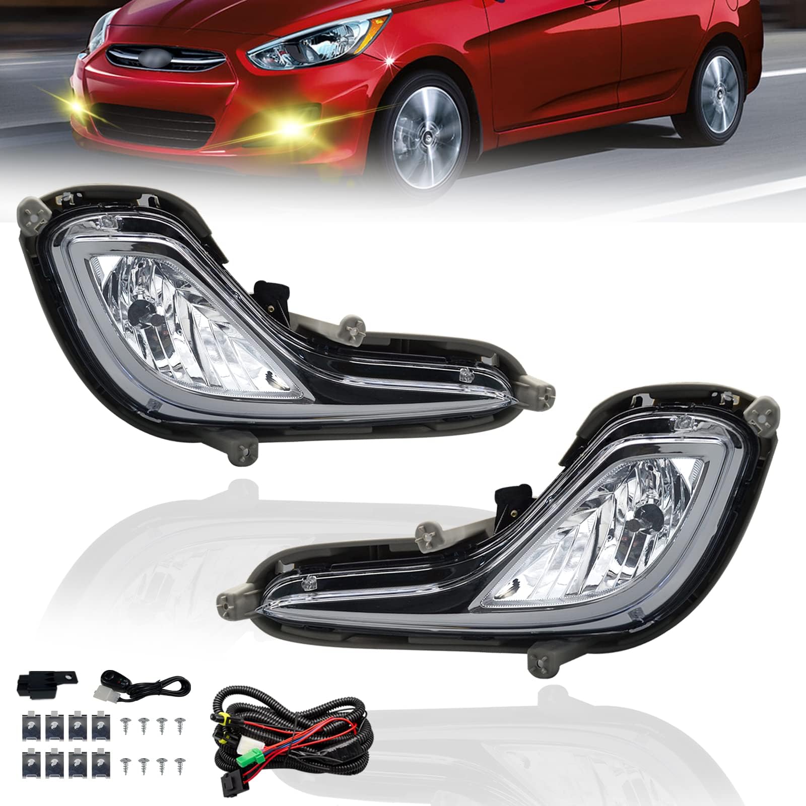 Boxlight Fit For 2012-2017 Hyundai Accent Pair Fog Lights Bumper Lamps Full Kit with Switch and Harness (Clear Lens)