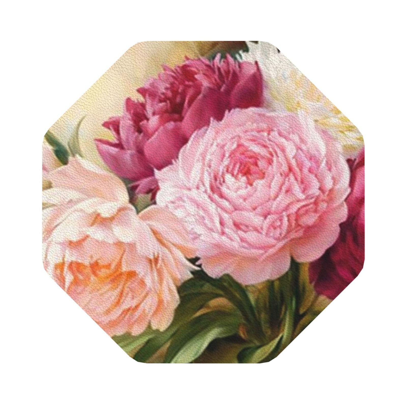 peony flowers blossom PU Leather Coasters Set of 6 Octagon Drink Coasters